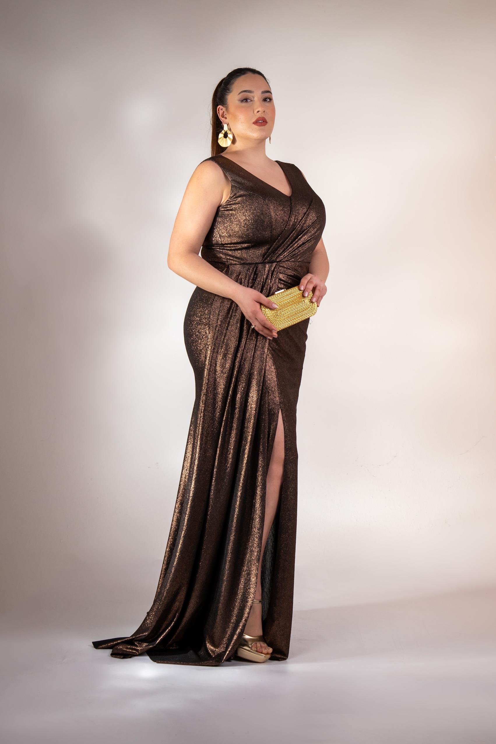 Büyük Beden 2422511 Kruvaze Yaka Abiye Kahverengi