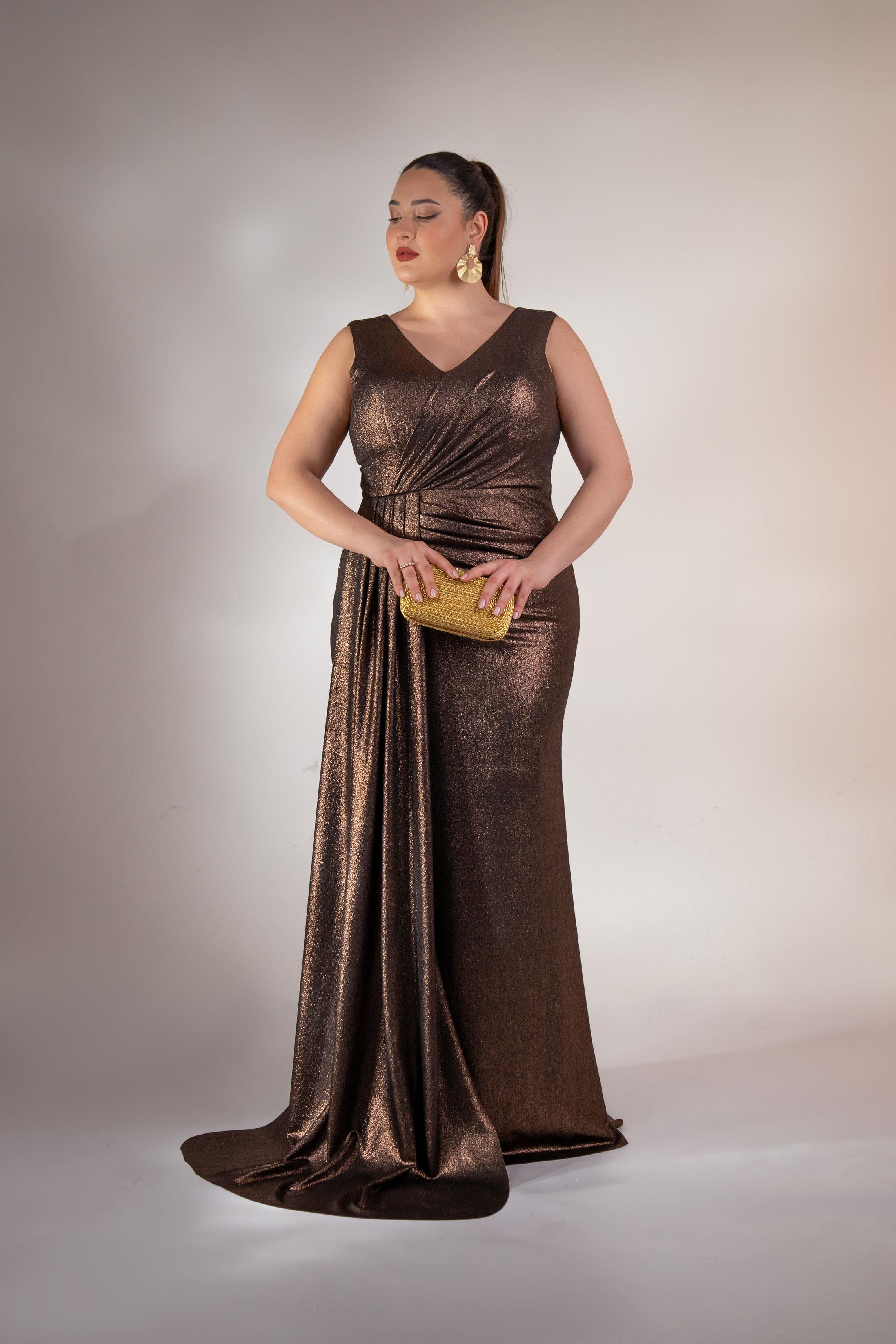 Büyük Beden 2422511 Kruvaze Yaka Abiye Kahverengi