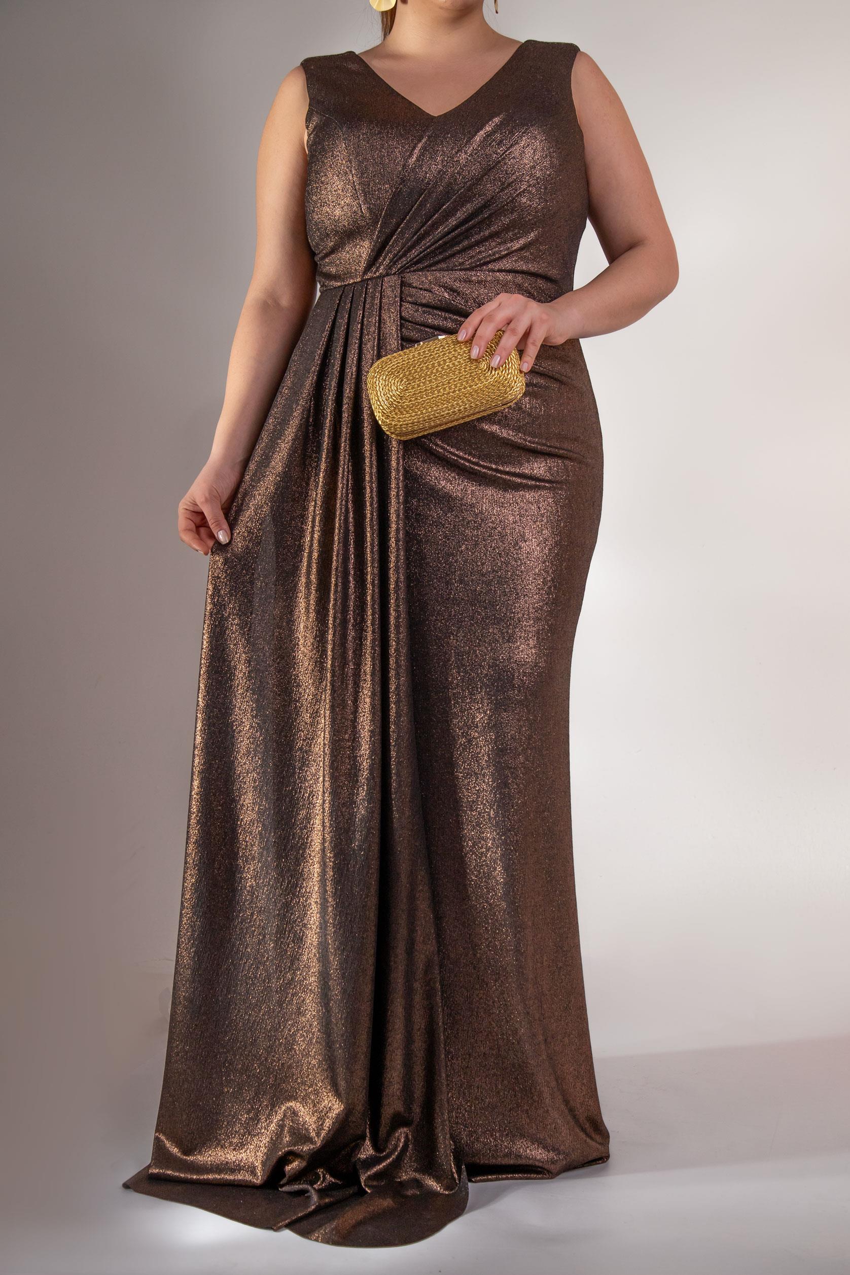 Büyük Beden 2422511 Kruvaze Yaka Abiye Kahverengi