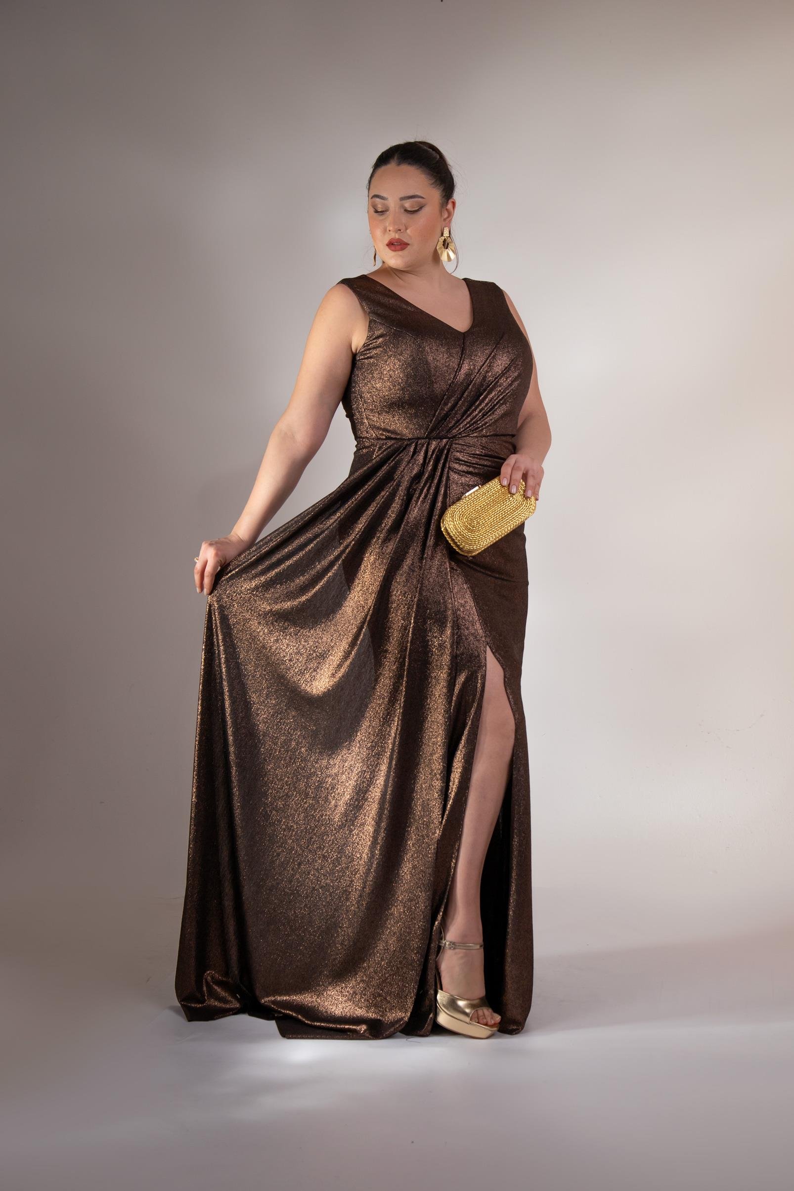 Büyük Beden 2422511 Kruvaze Yaka Abiye Kahverengi