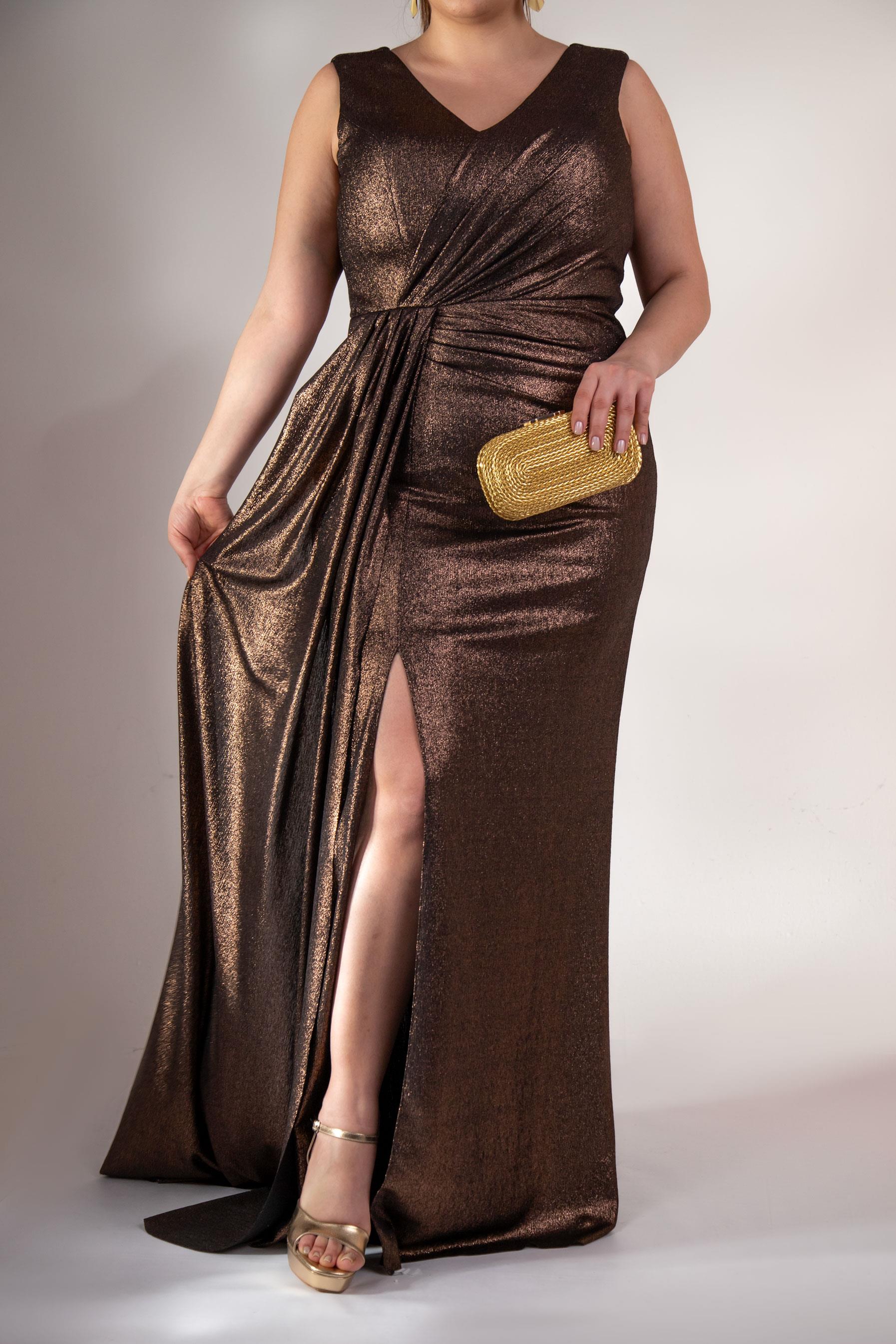 Büyük Beden 2422511 Kruvaze Yaka Abiye Kahverengi