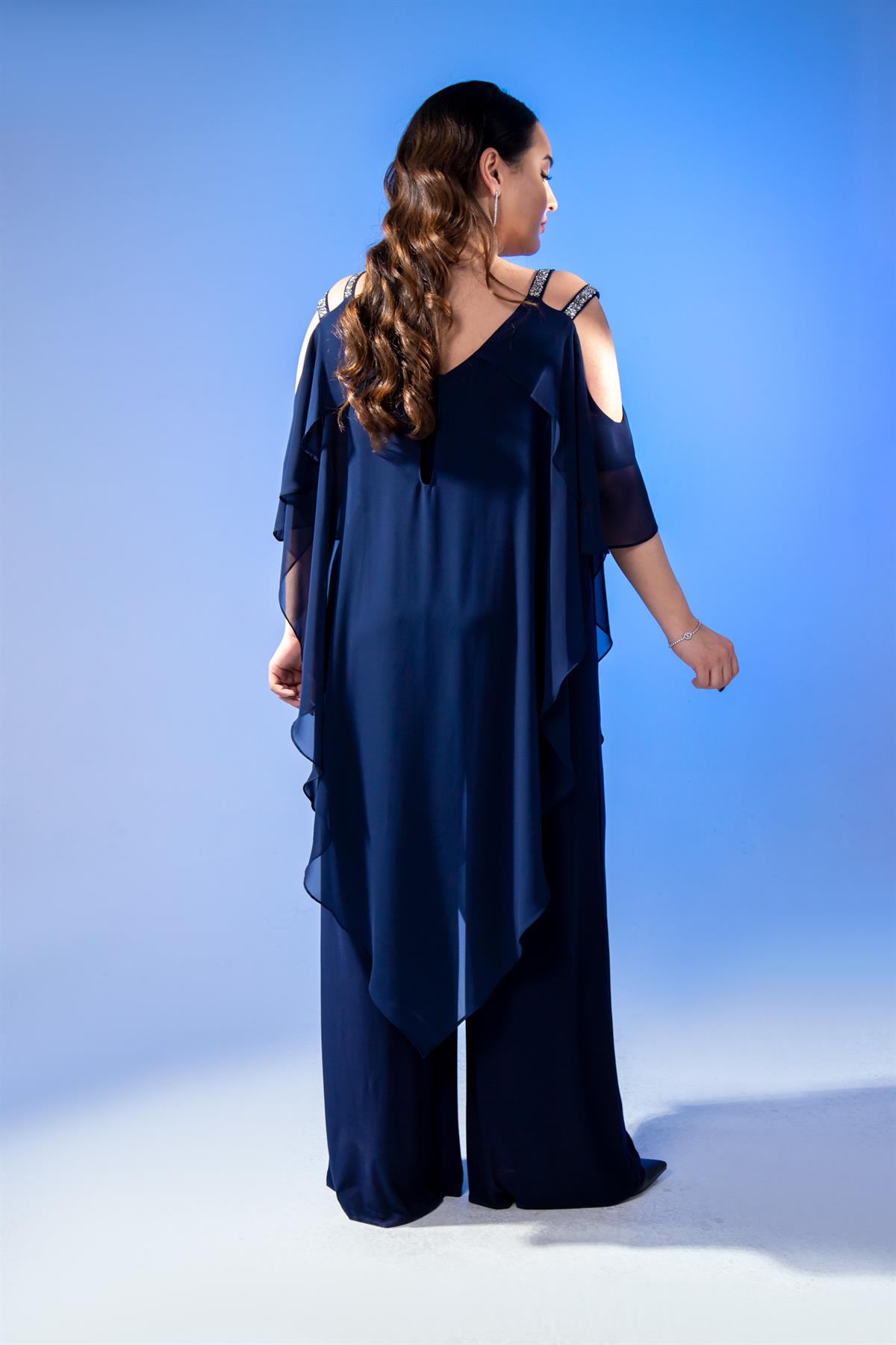 Büyük Beden 2424001 Omuzu Taşlı Tulum Abiye  Lacivert