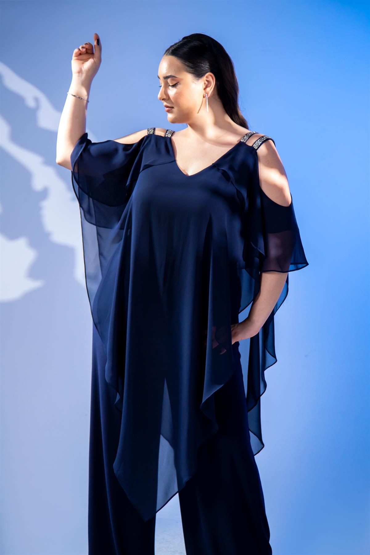 Büyük Beden 2424001 Omuzu Taşlı Tulum Abiye  Lacivert