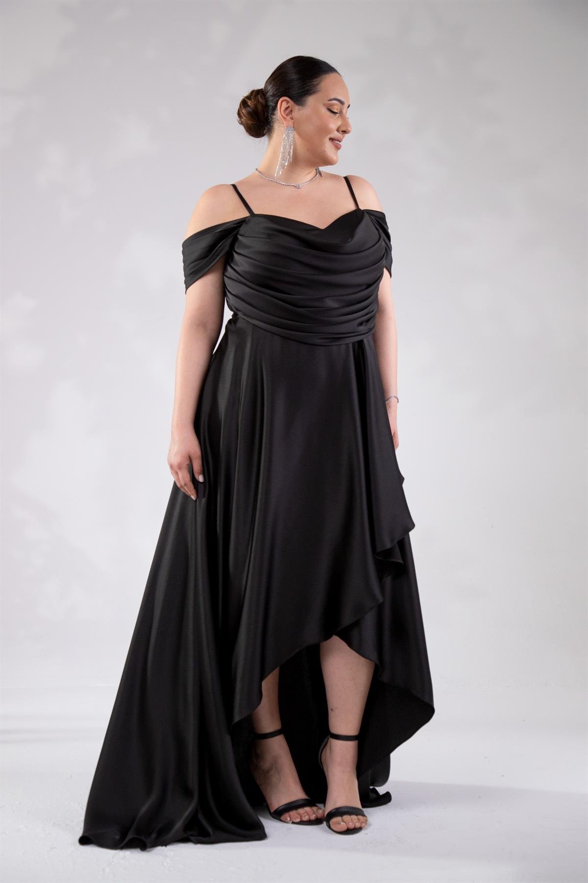 Büyük Beden 2424122 Askılı Drapeli Uzun Abiye  Siyah