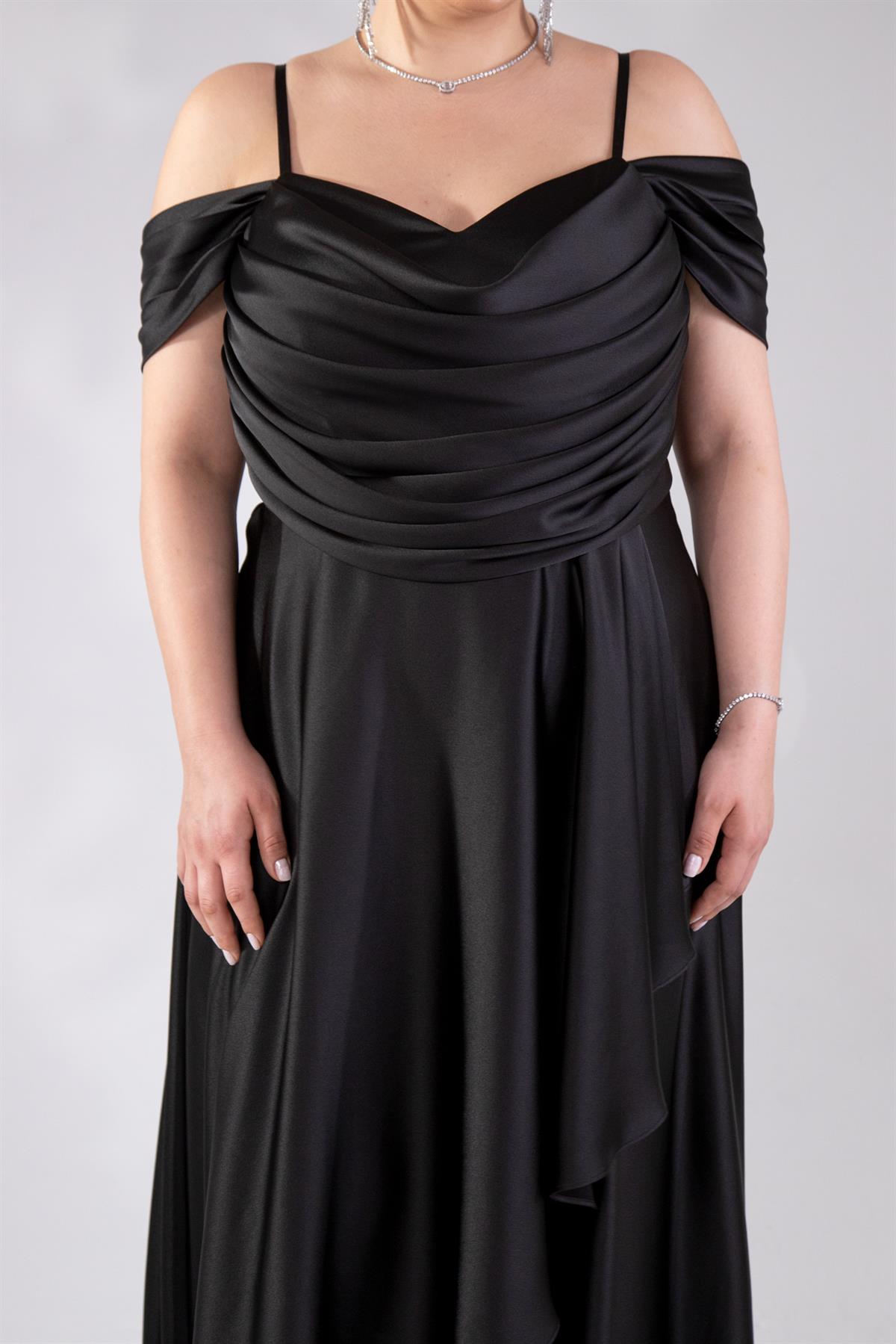 Büyük Beden 2424122 Askılı Drapeli Uzun Abiye  Siyah