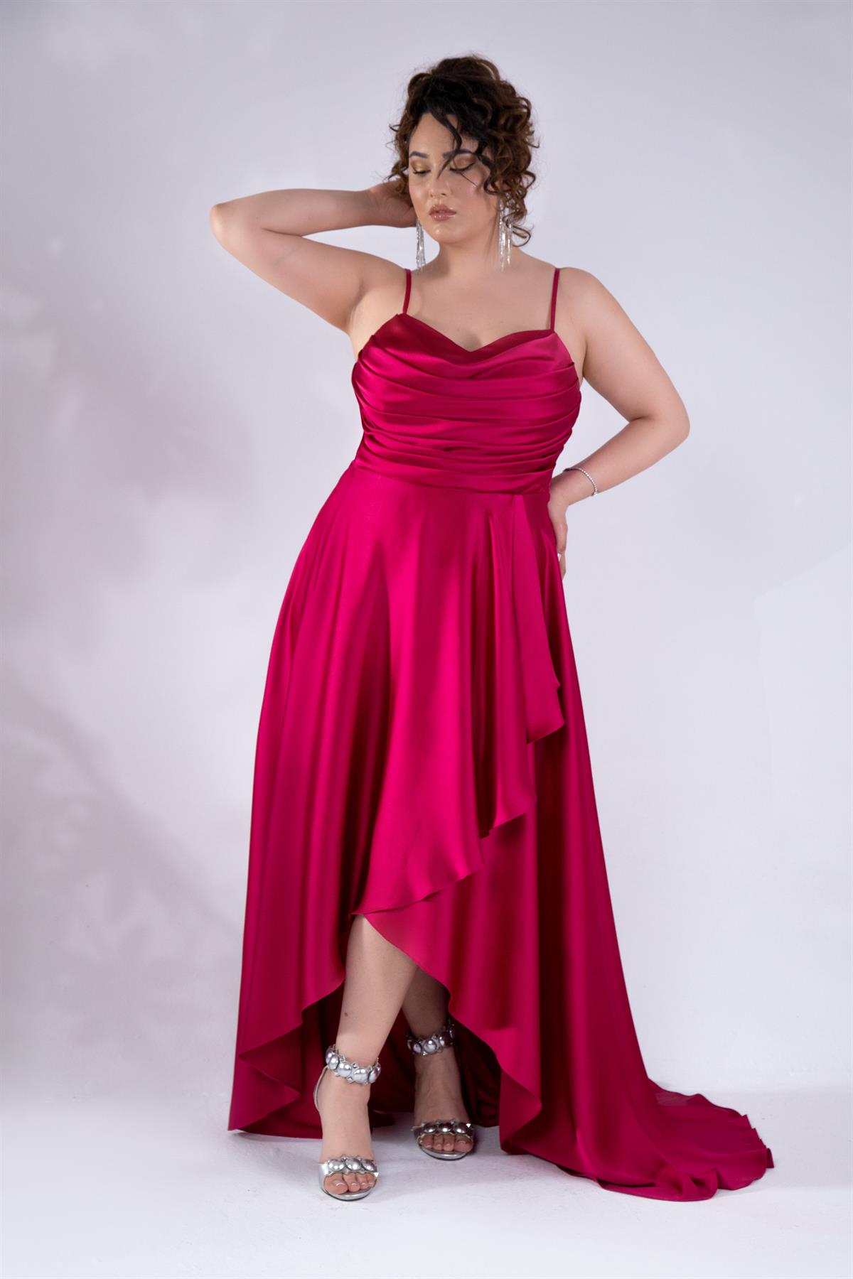 Büyük Beden 2424122 Askılı Drapeli Uzun Abiye  Fusya