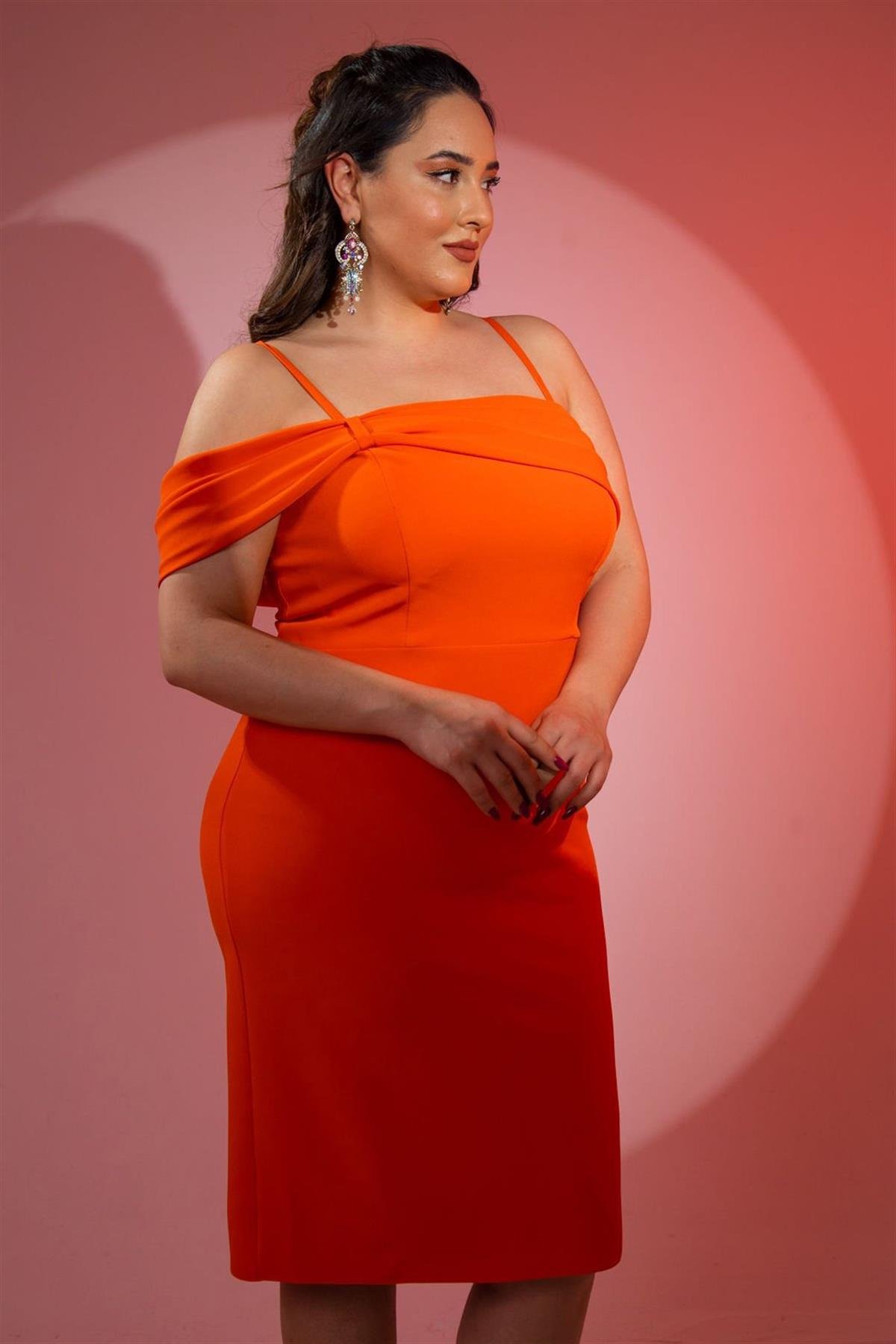 Büyük Beden 2424156 Askılı Drapeli Abiye  Oranj