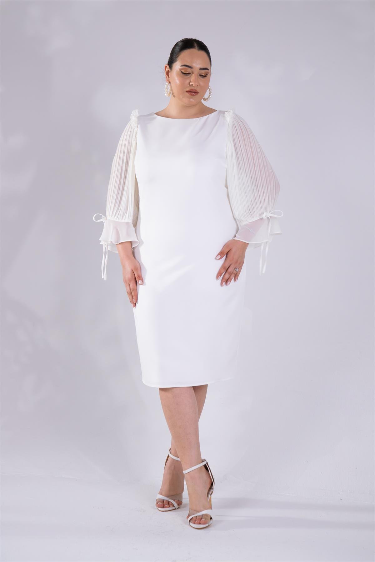 Büyük Beden 2424207 Şifon Kol Büzgülü Abiiye  Beyaz