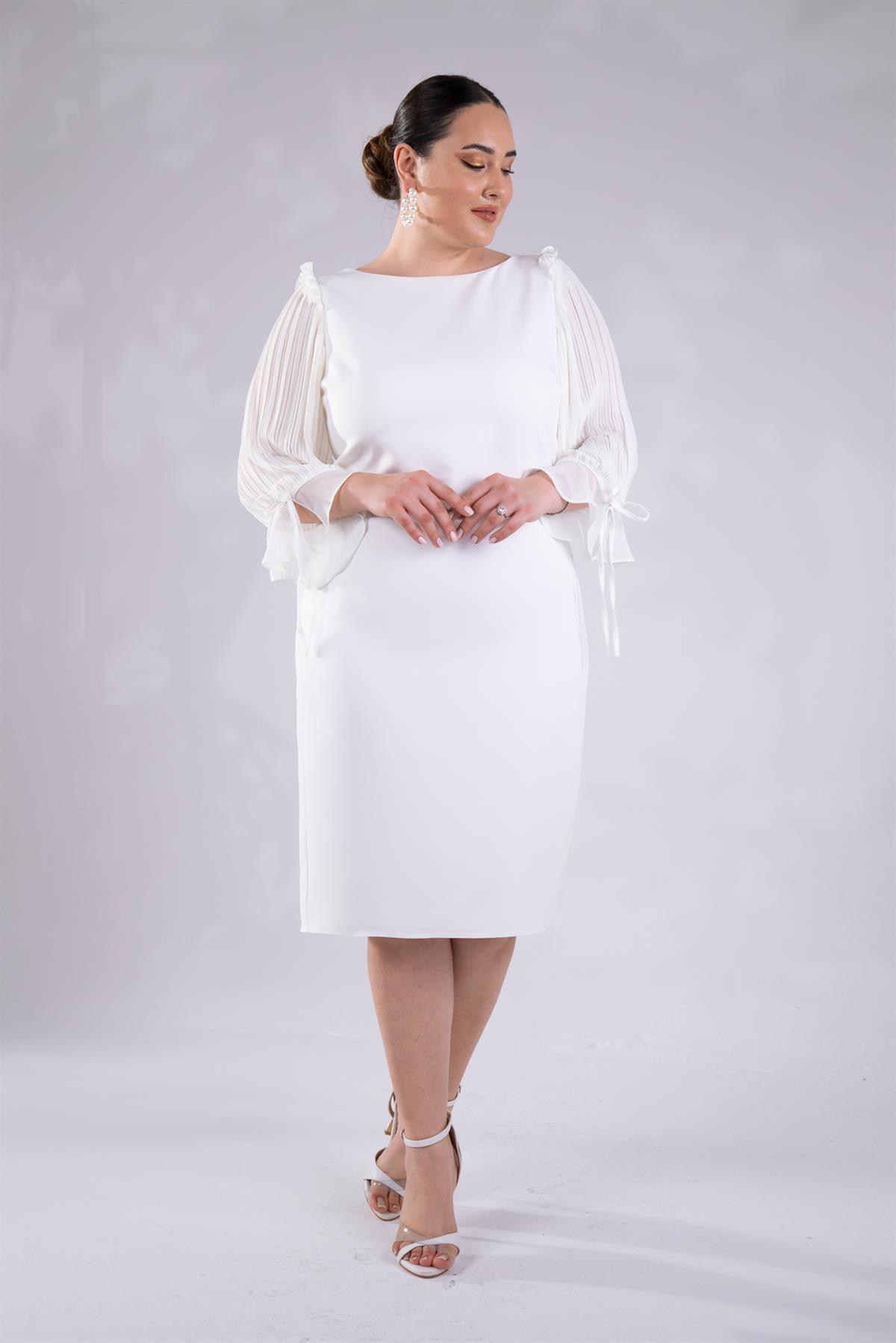 Büyük Beden 2424207 Şifon Kol Büzgülü Abiiye  Beyaz