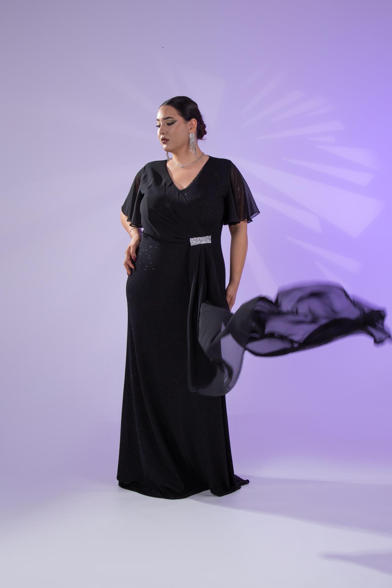 Büyük Beden 2424215 Kısa Kollu Taşlı Abiye  Siyah