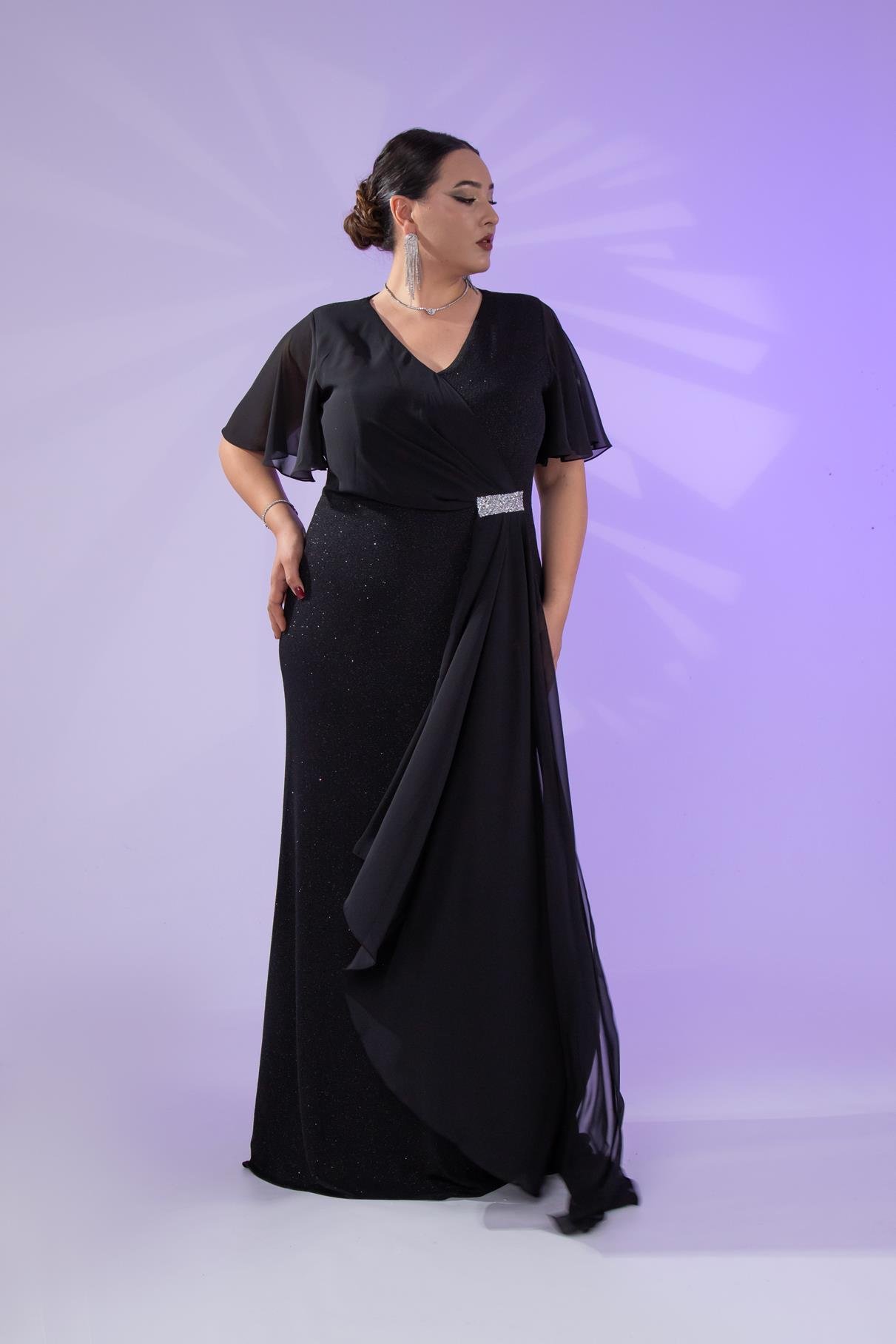 Büyük Beden 2424215 Kısa Kollu Taşlı Abiye  Siyah