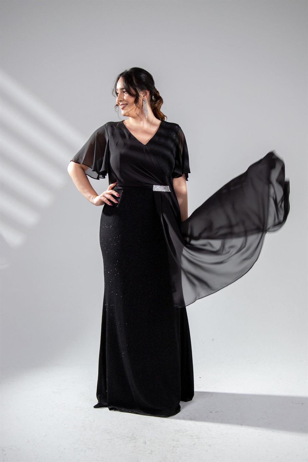 Büyük Beden 2424215 Kısa Kollu Taşlı Abiye  Siyah