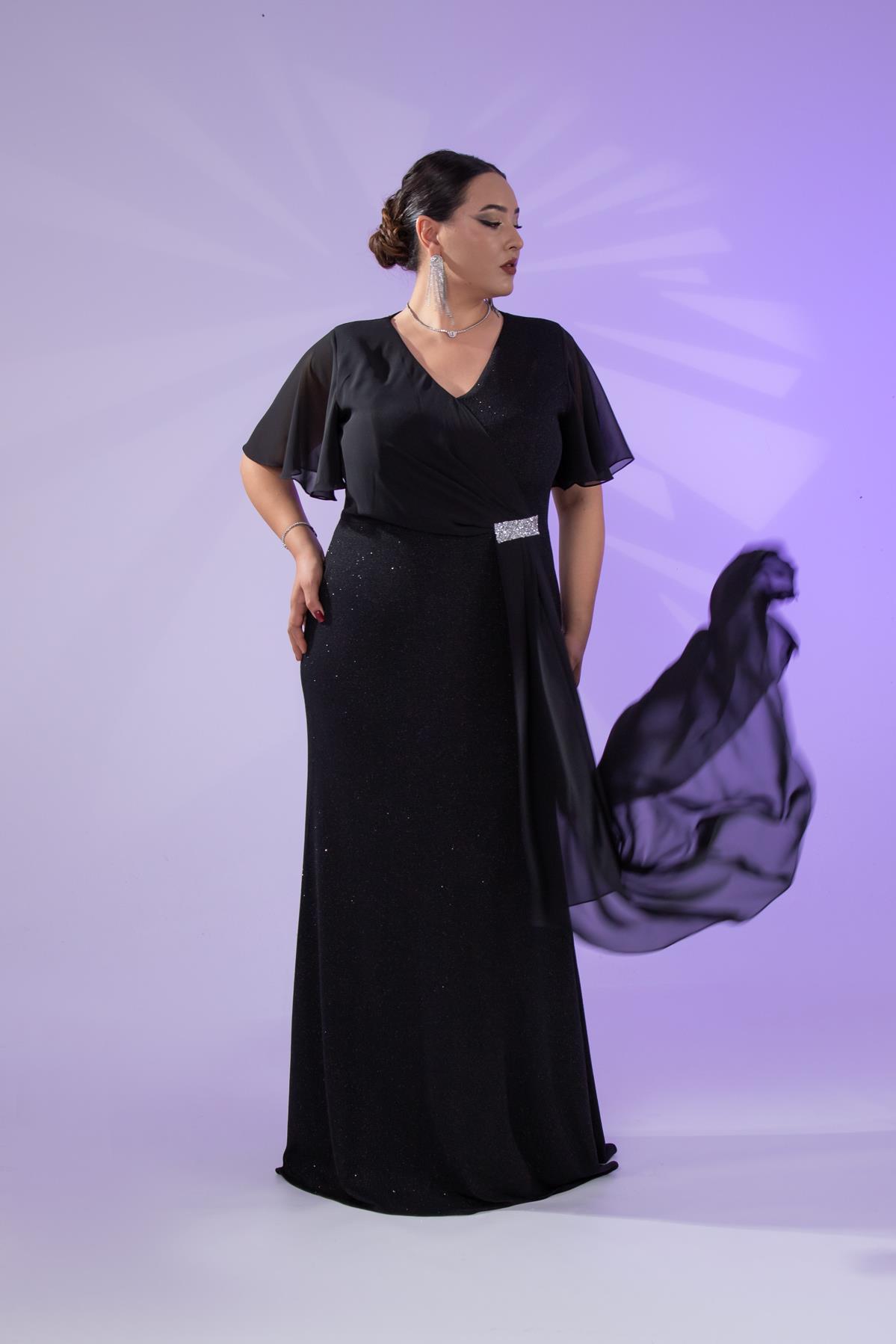 Büyük Beden 2424215 Kısa Kollu Taşlı Abiye  Siyah