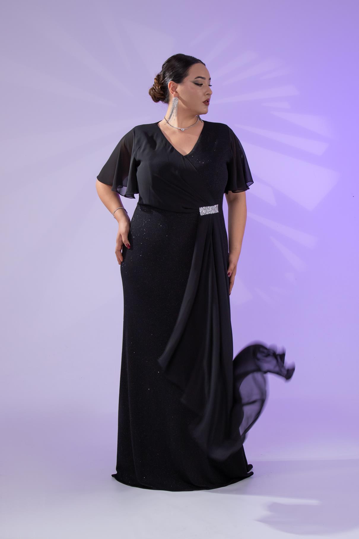 Büyük Beden 2424215 Kısa Kollu Taşlı Abiye  Siyah