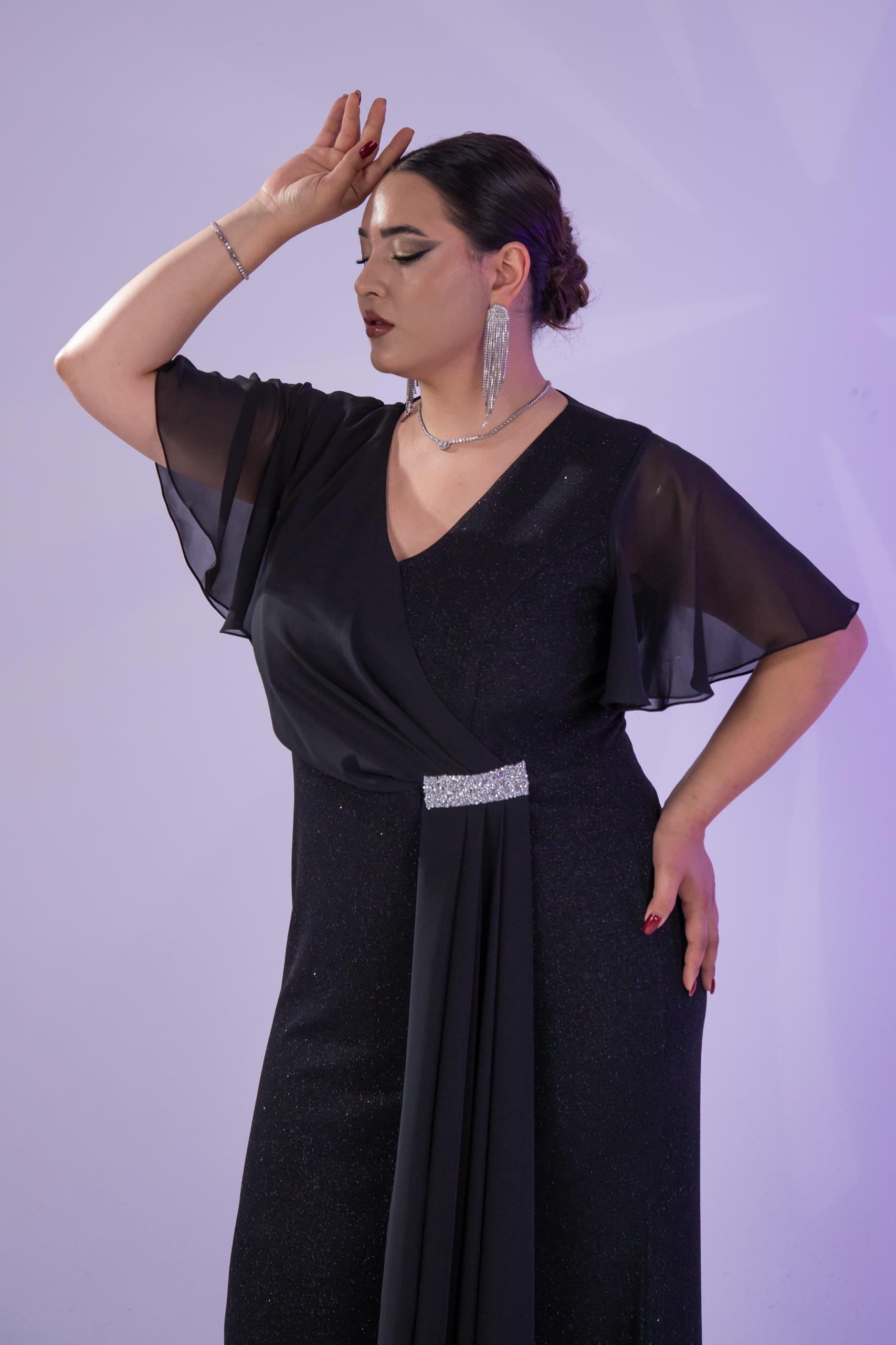 Büyük Beden 2424215 Kısa Kollu Taşlı Abiye  Siyah