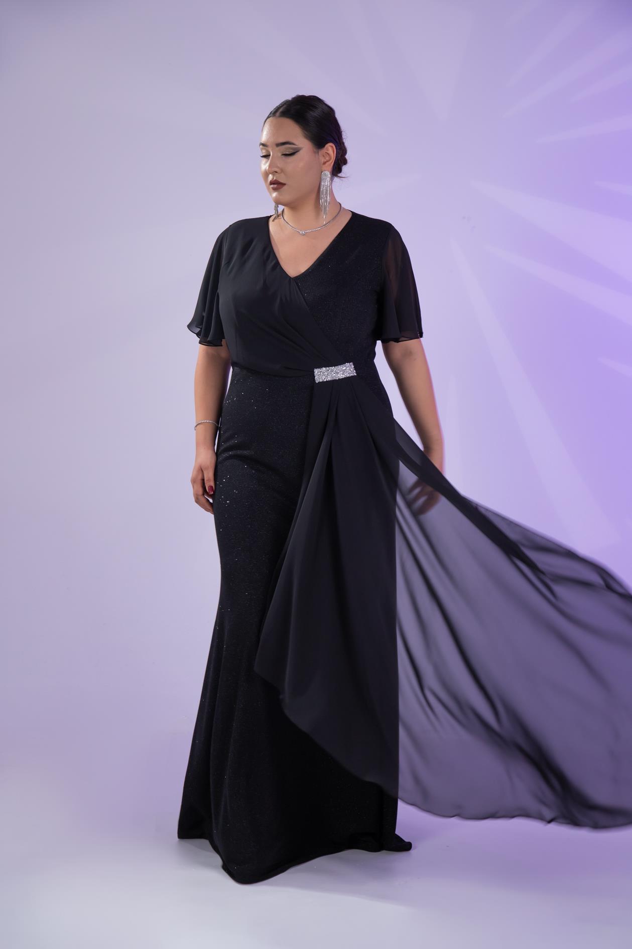 Büyük Beden 2424215 Kısa Kollu Taşlı Abiye  Siyah