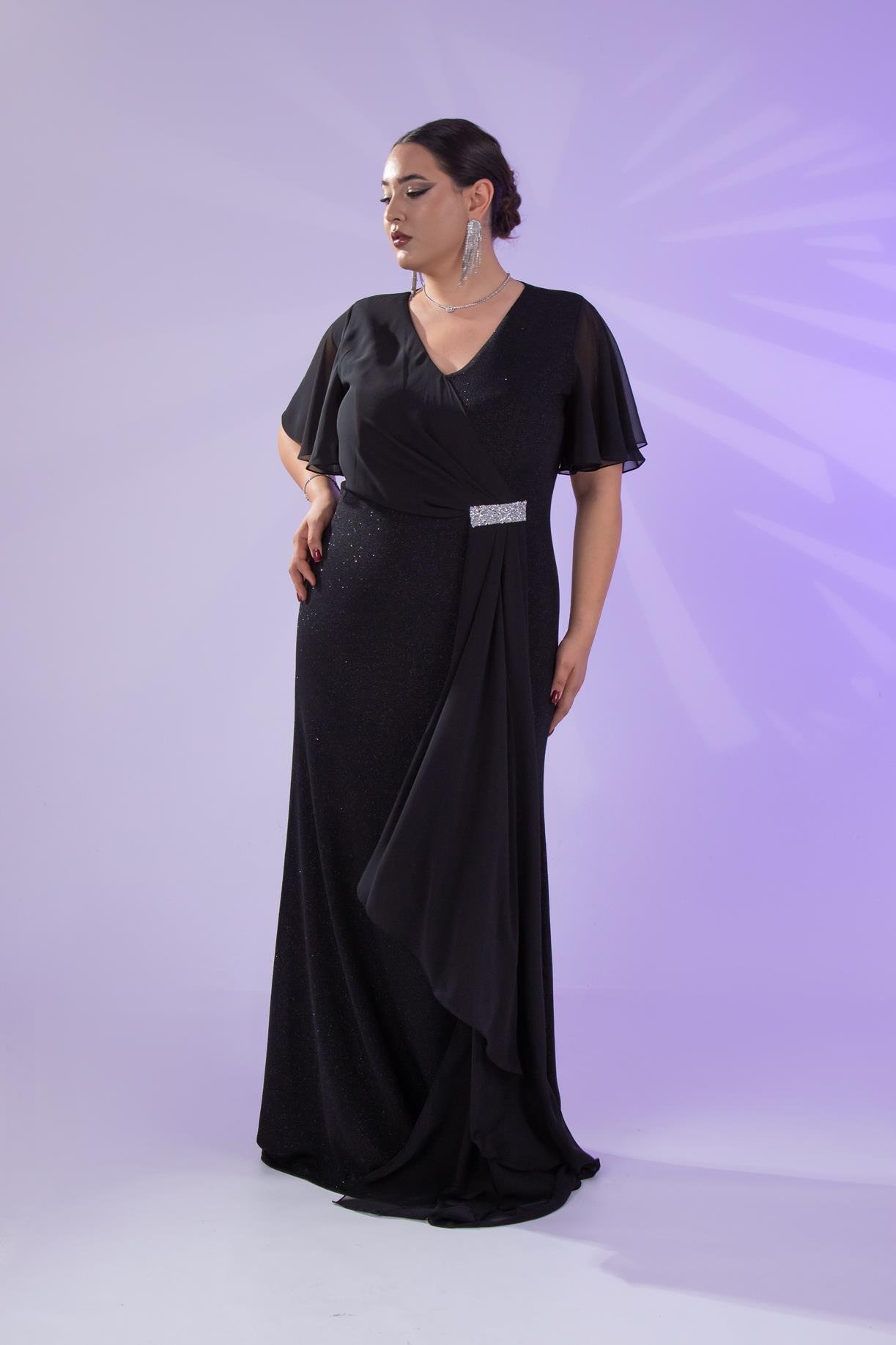 Büyük Beden 2424215 Kısa Kollu Taşlı Abiye  Siyah