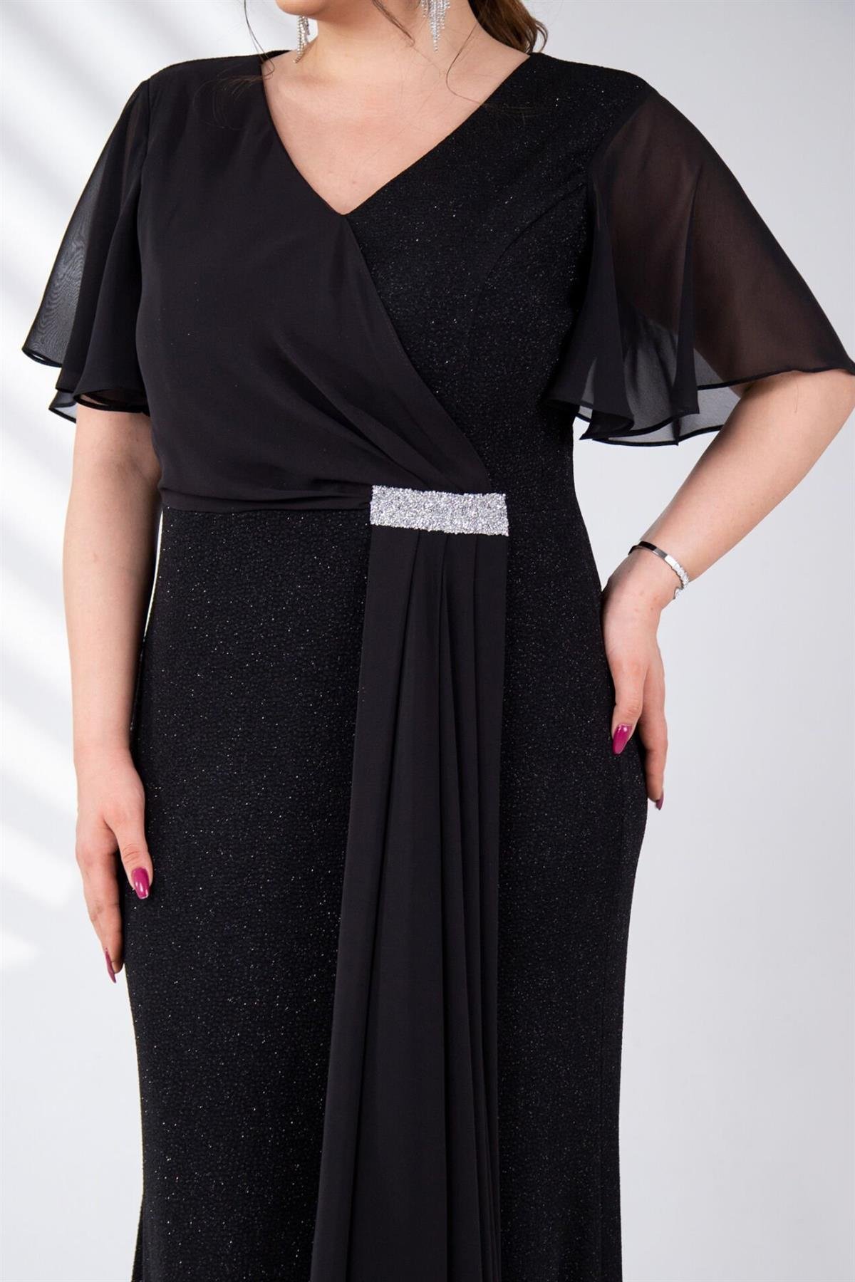 Büyük Beden 2424215 Kısa Kollu Taşlı Abiye  Siyah