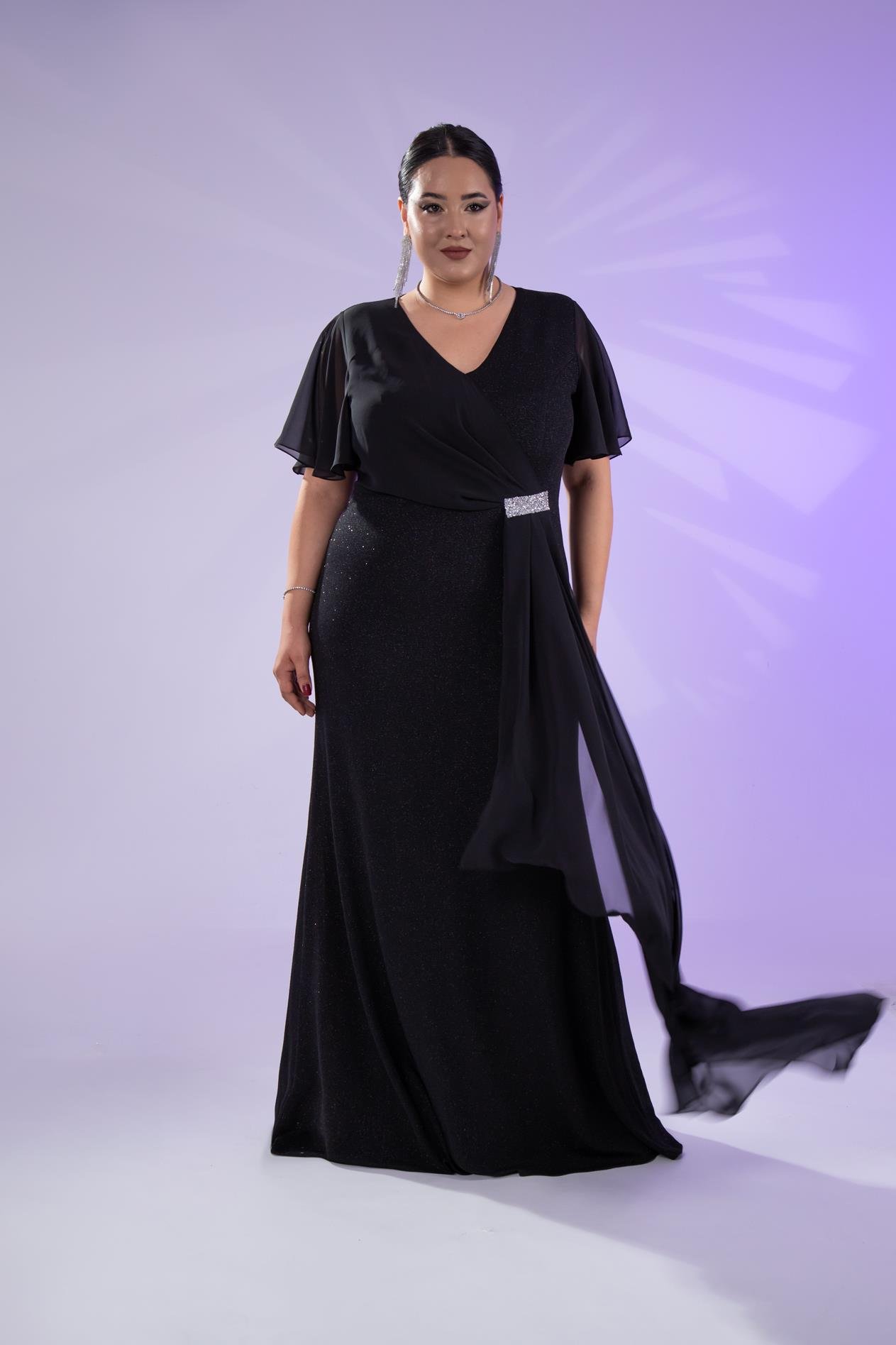 Büyük Beden 2424215 Kısa Kollu Taşlı Abiye  Siyah