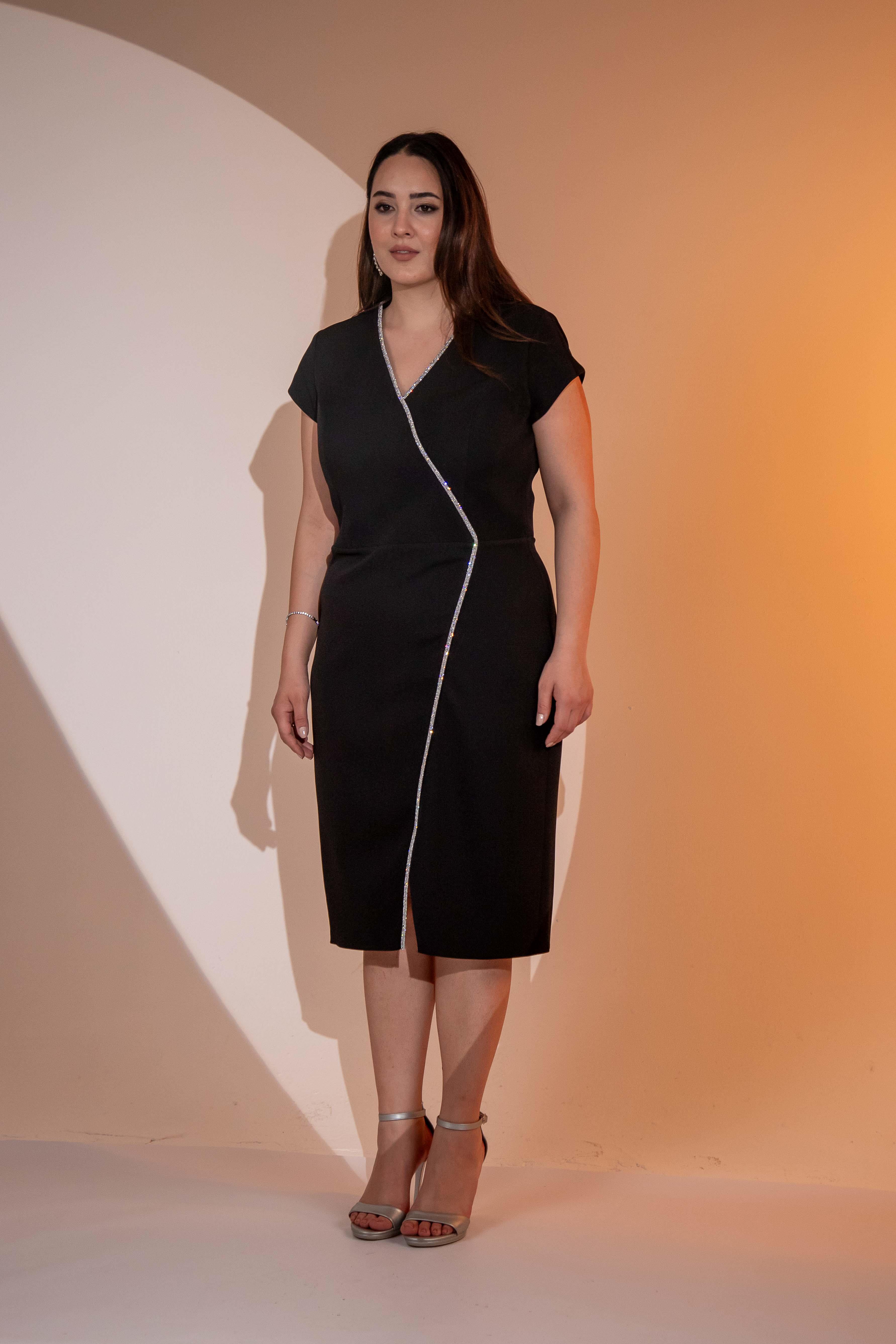 Büyük Beden 2424332 Kruvaze YakA-Taşlı Abiye Siyah