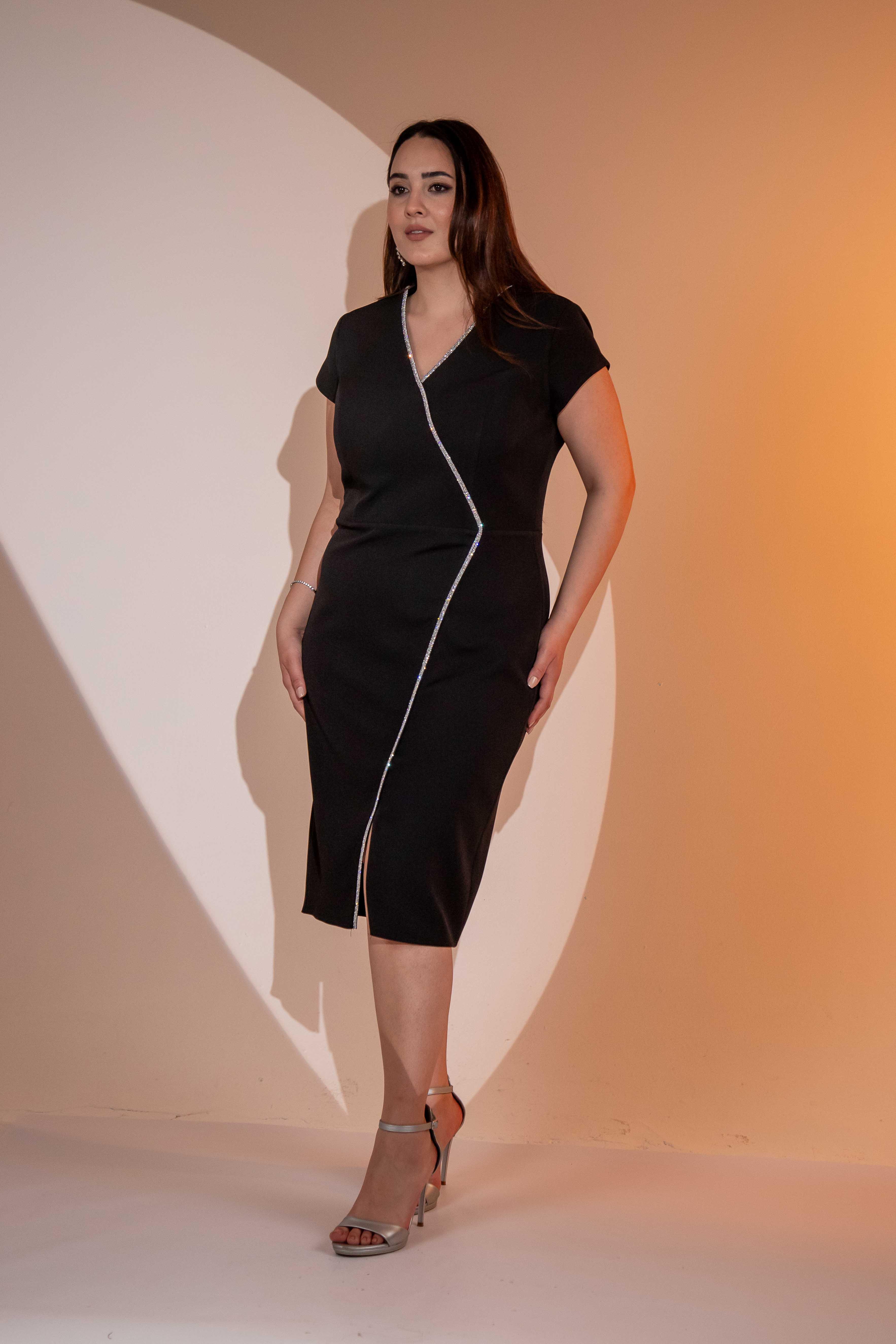 Büyük Beden 2424332 Kruvaze YakA-Taşlı Abiye Siyah