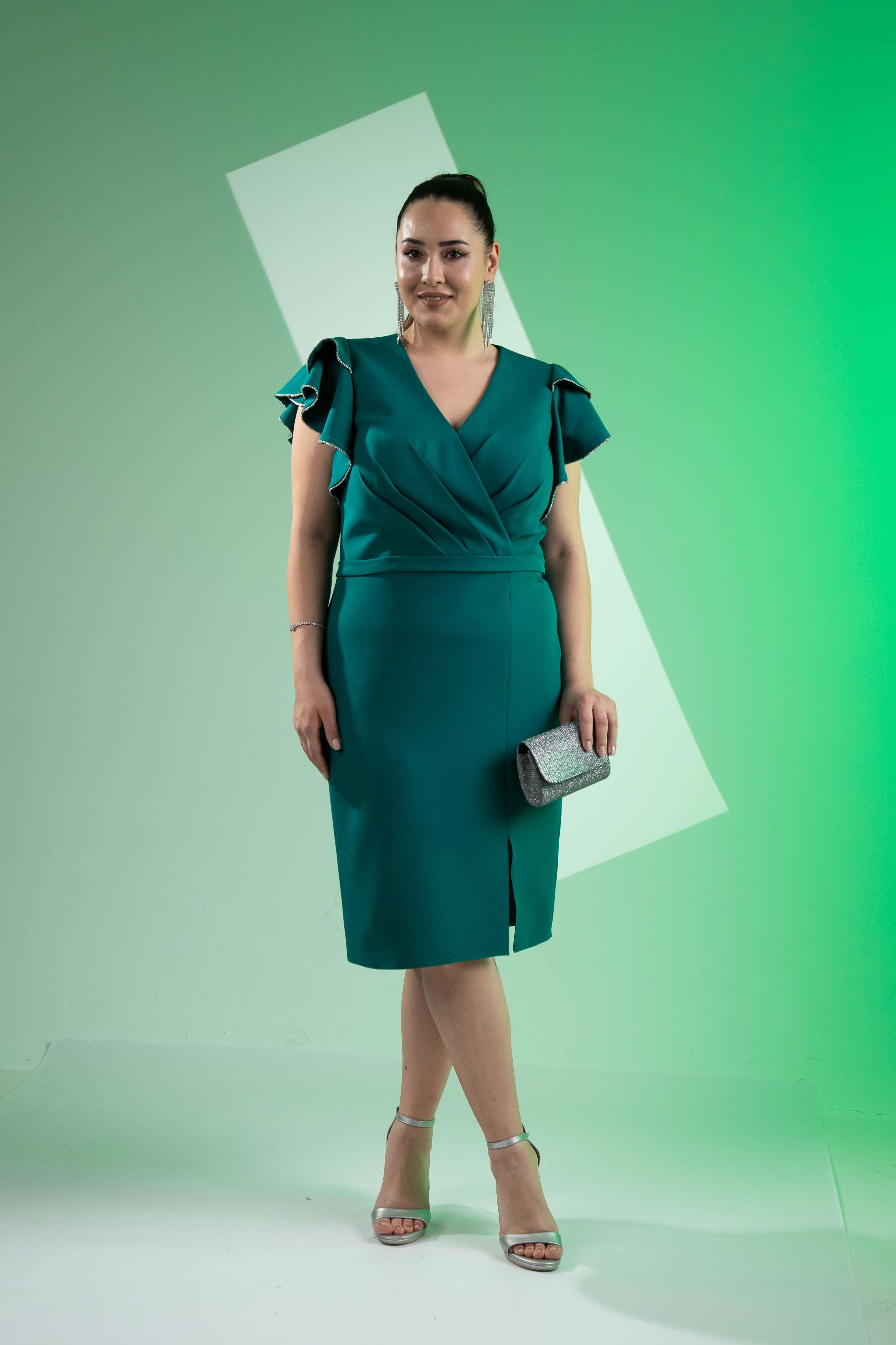 Büyük Beden 2424682 Kruvaze Kol Volanlı Abiye  Yeşil