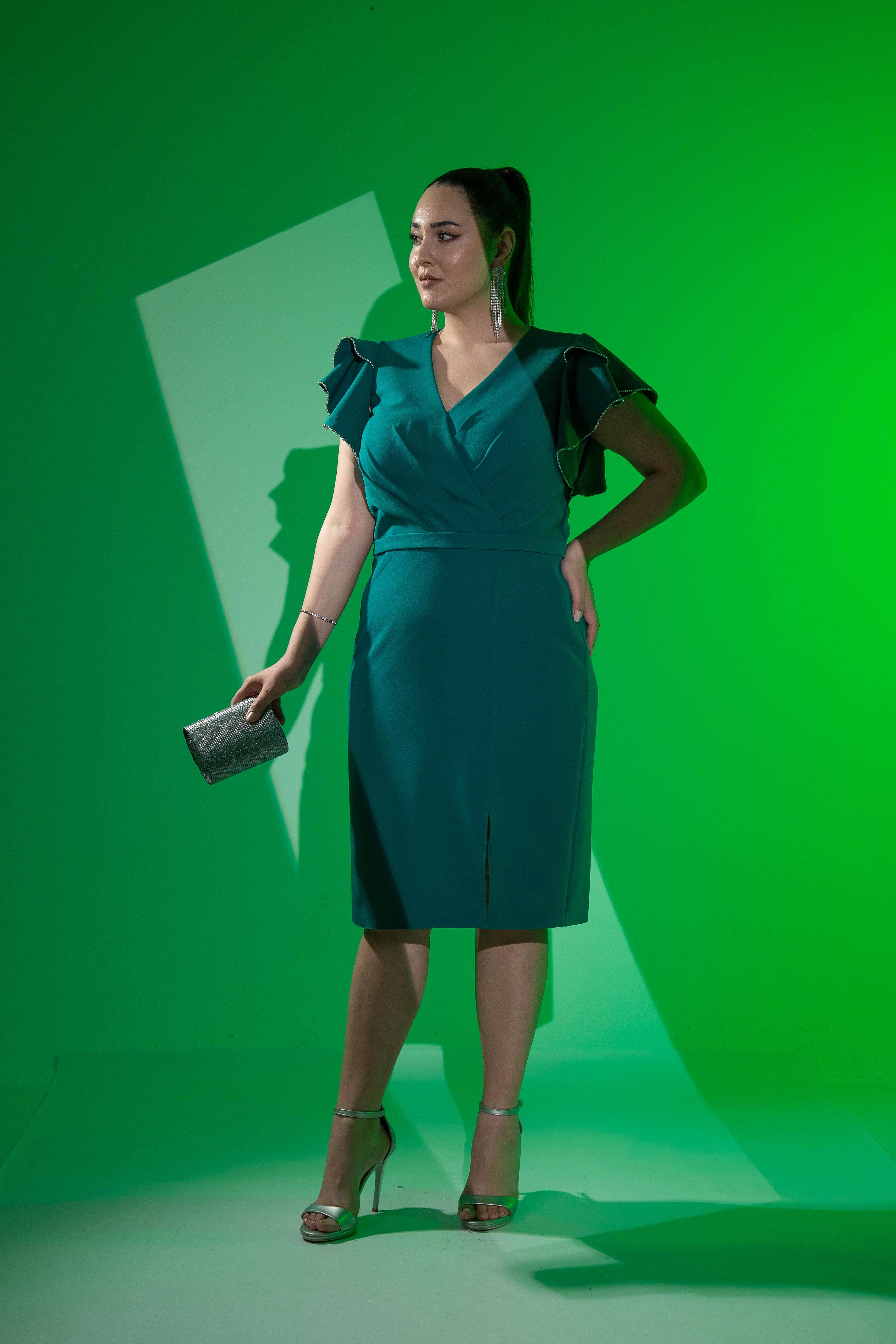 Büyük Beden 2424682 Kruvaze Kol Volanlı Abiye  Yeşil