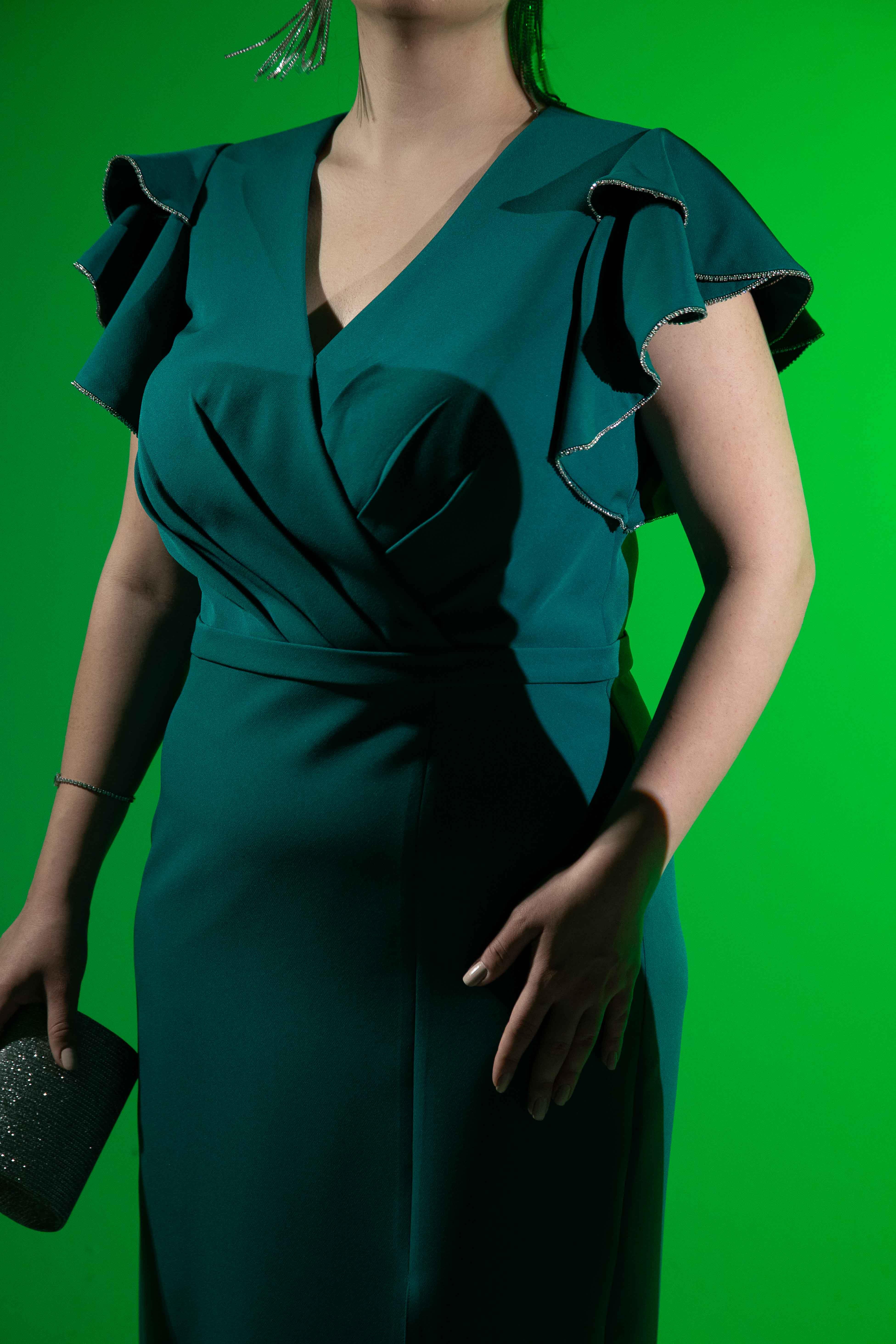 Büyük Beden 2424682 Kruvaze Kol Volanlı Abiye  Yeşil