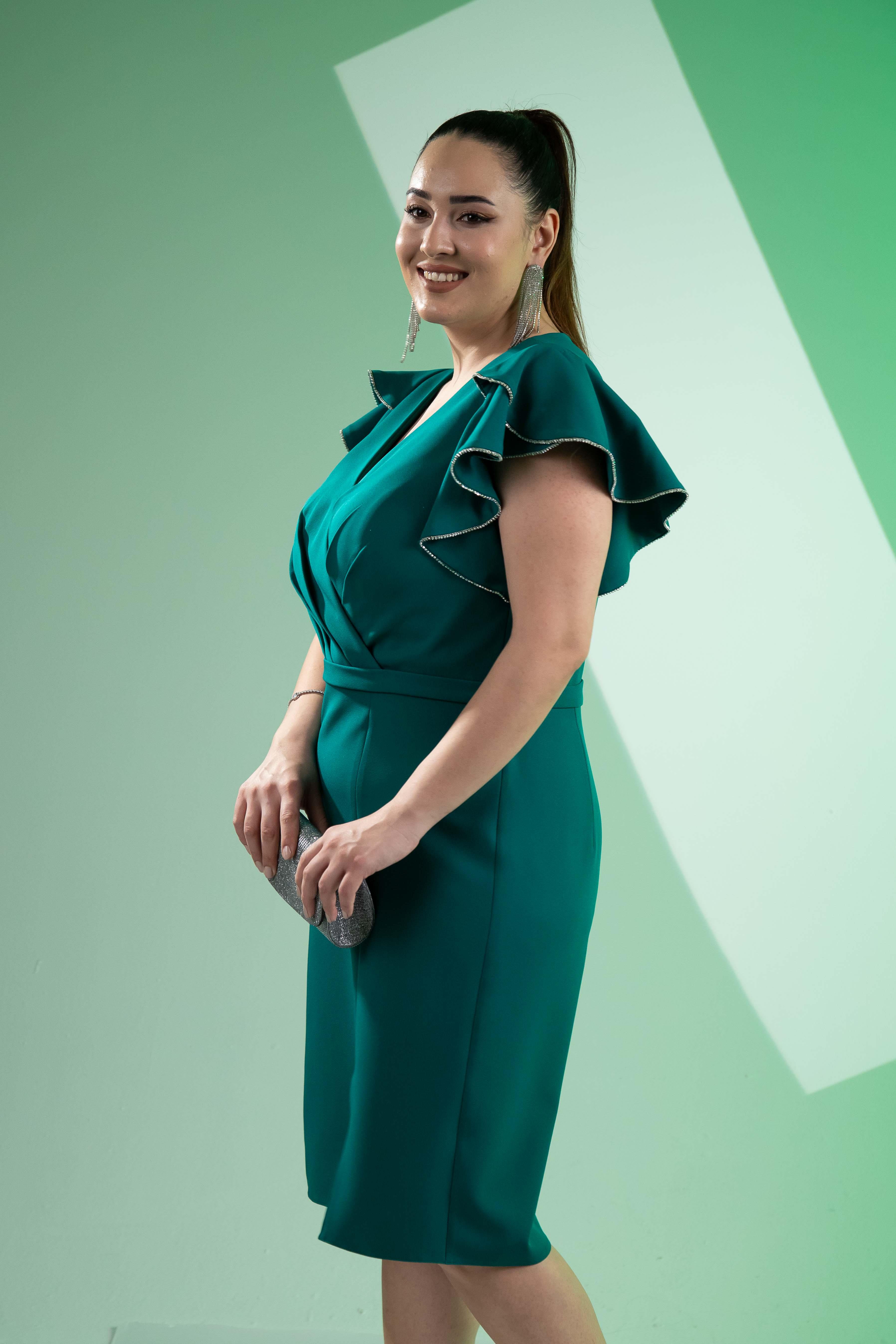 Büyük Beden 2424682 Kruvaze Kol Volanlı Abiye  Yeşil