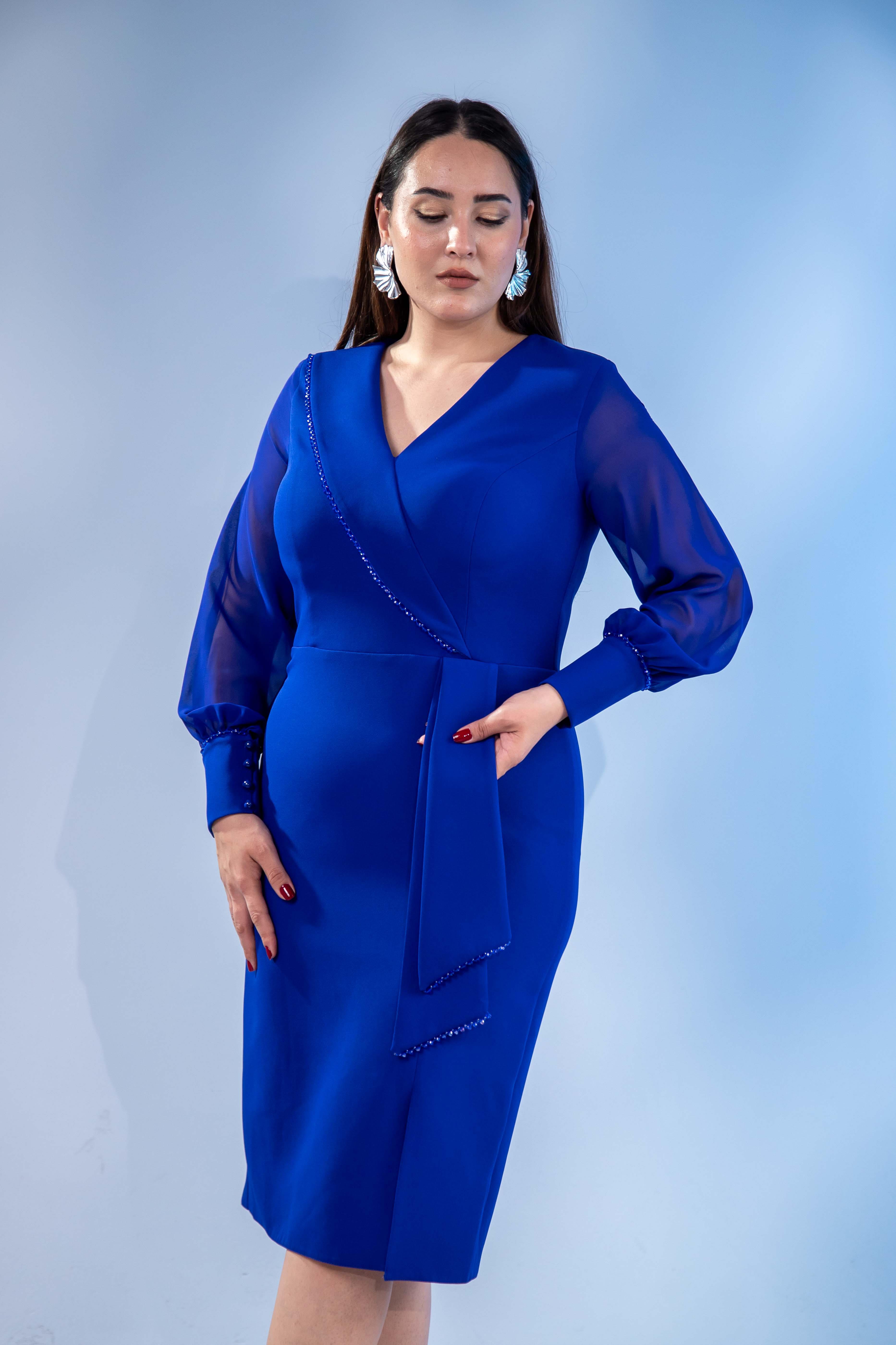 Büyük Beden 2424745 KruvazE-Kolu Şifon Abiye Saks