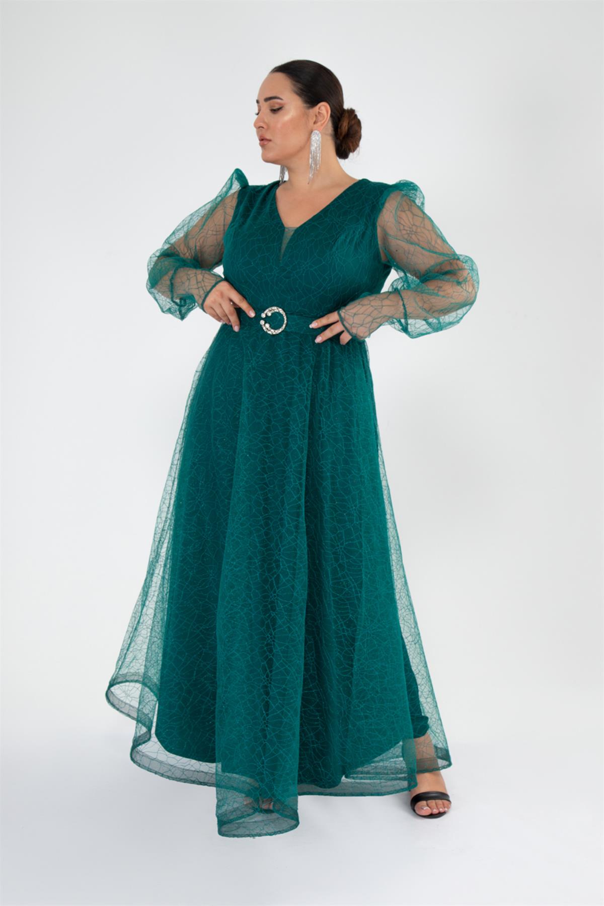 Büyük Beden 2425161 Kolu Tüllü Uzun Abiye  Zümrüt Yeşil