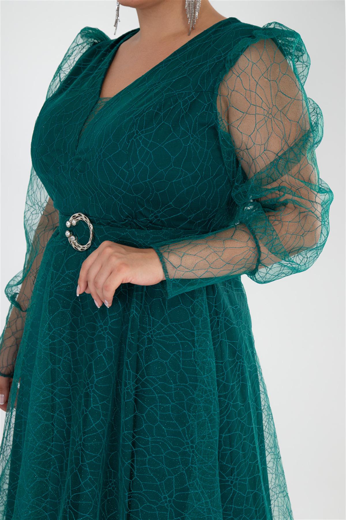 Büyük Beden 2425161 Kolu Tüllü Uzun Abiye  Zümrüt Yeşil