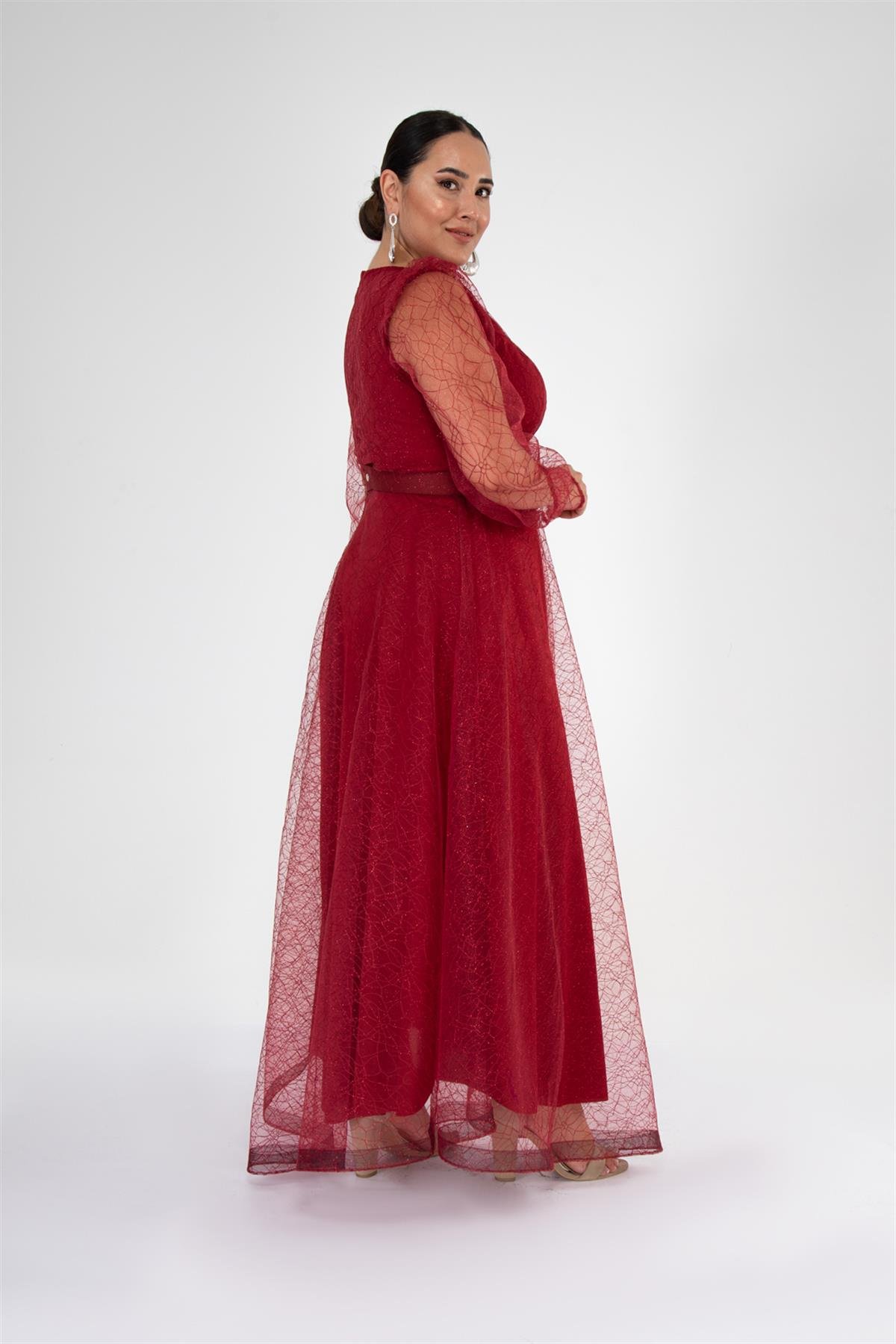 Büyük Beden 2425161 Kolu Tüllü Uzun Abiye  Bordo