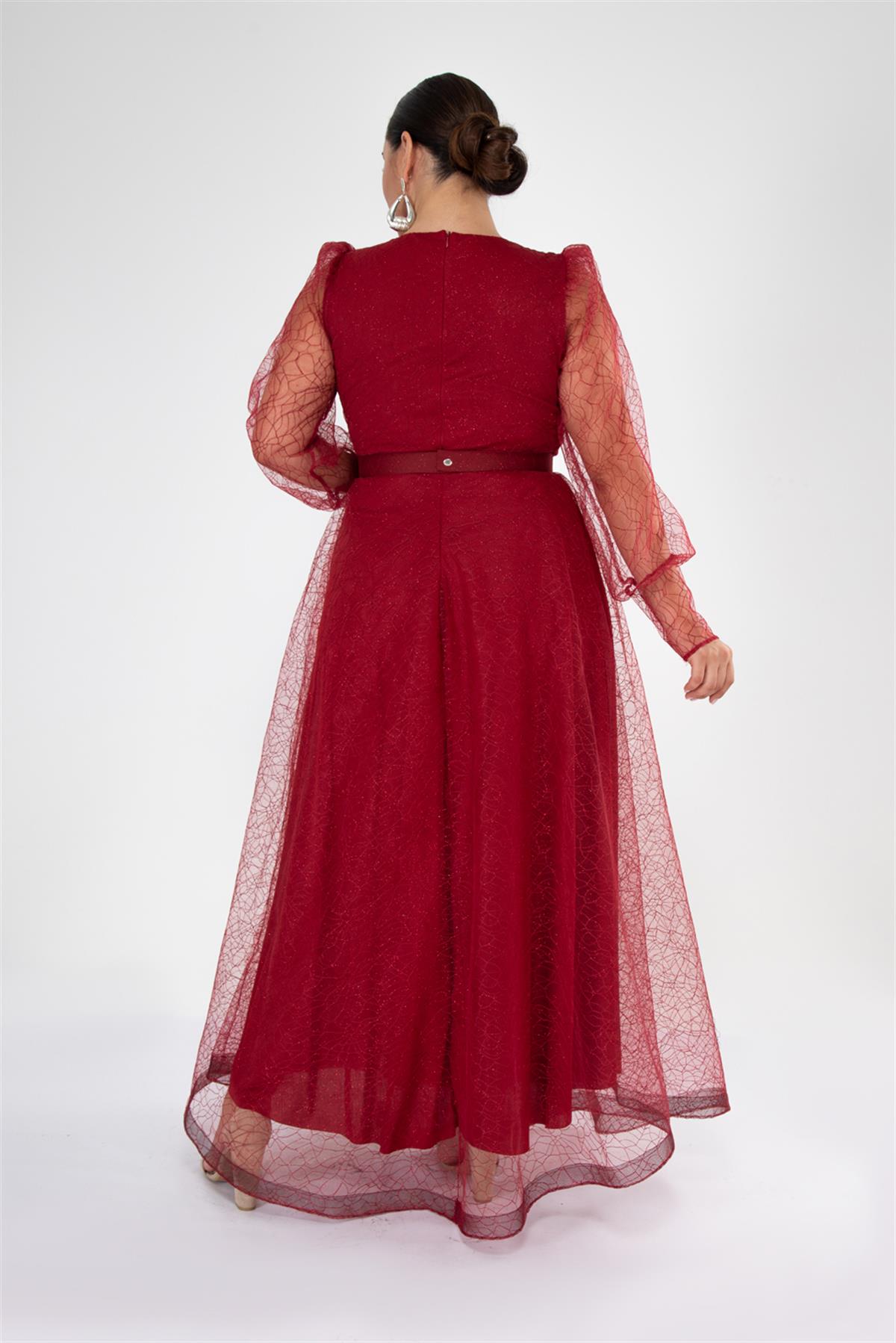 Büyük Beden 2425161 Kolu Tüllü Uzun Abiye  Bordo