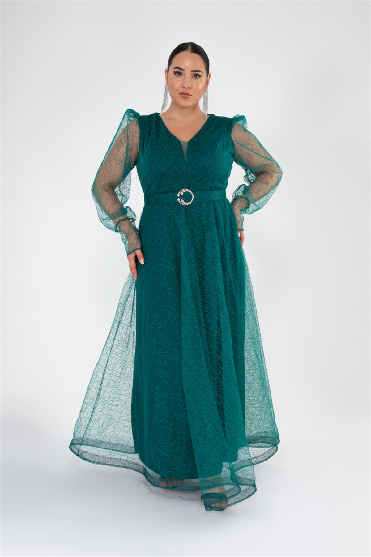 Büyük Beden 2425161 Kolu Tüllü Uzun Abiye  Zümrüt Yeşil