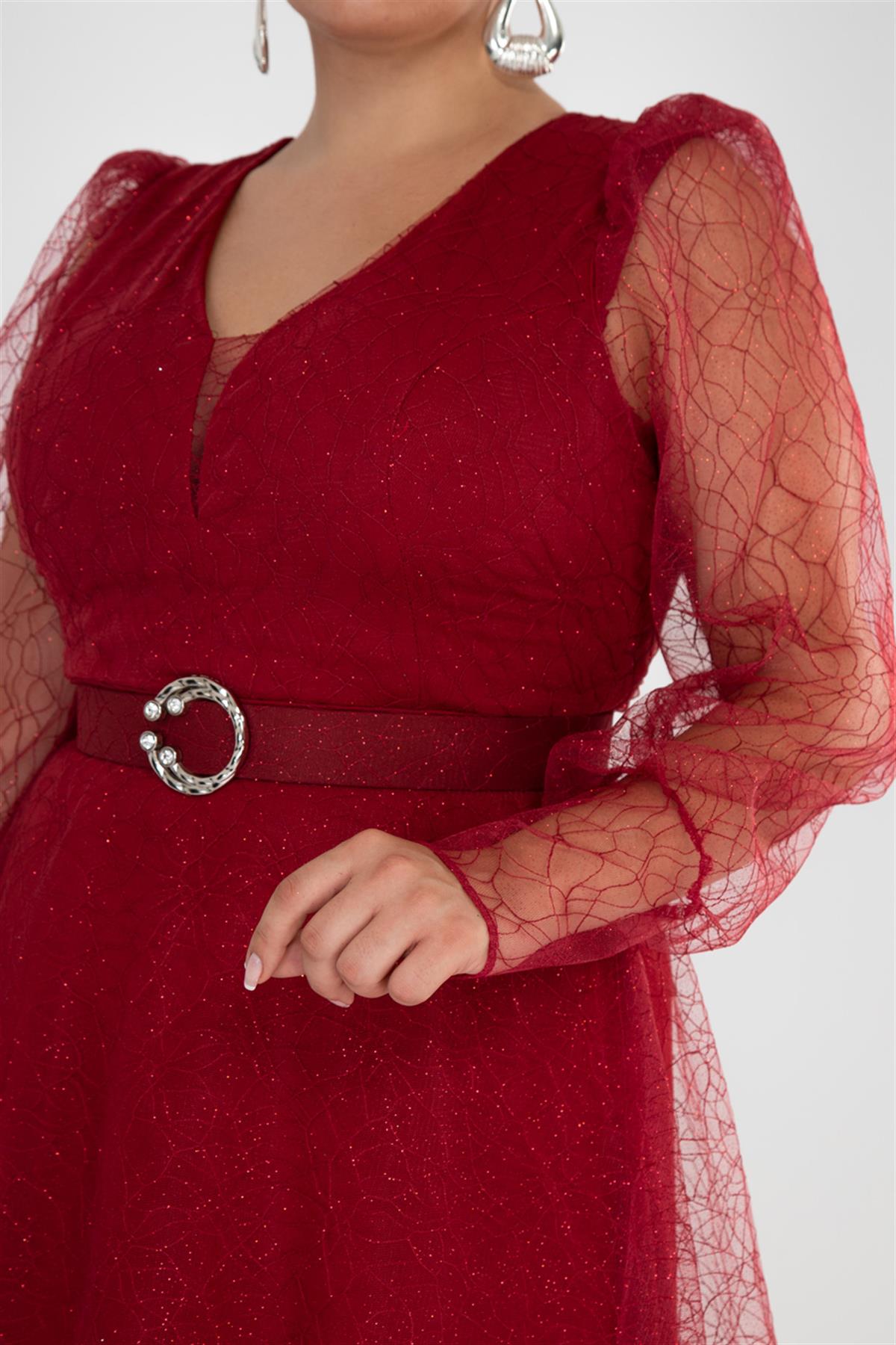 Büyük Beden 2425161 Kolu Tüllü Uzun Abiye  Bordo