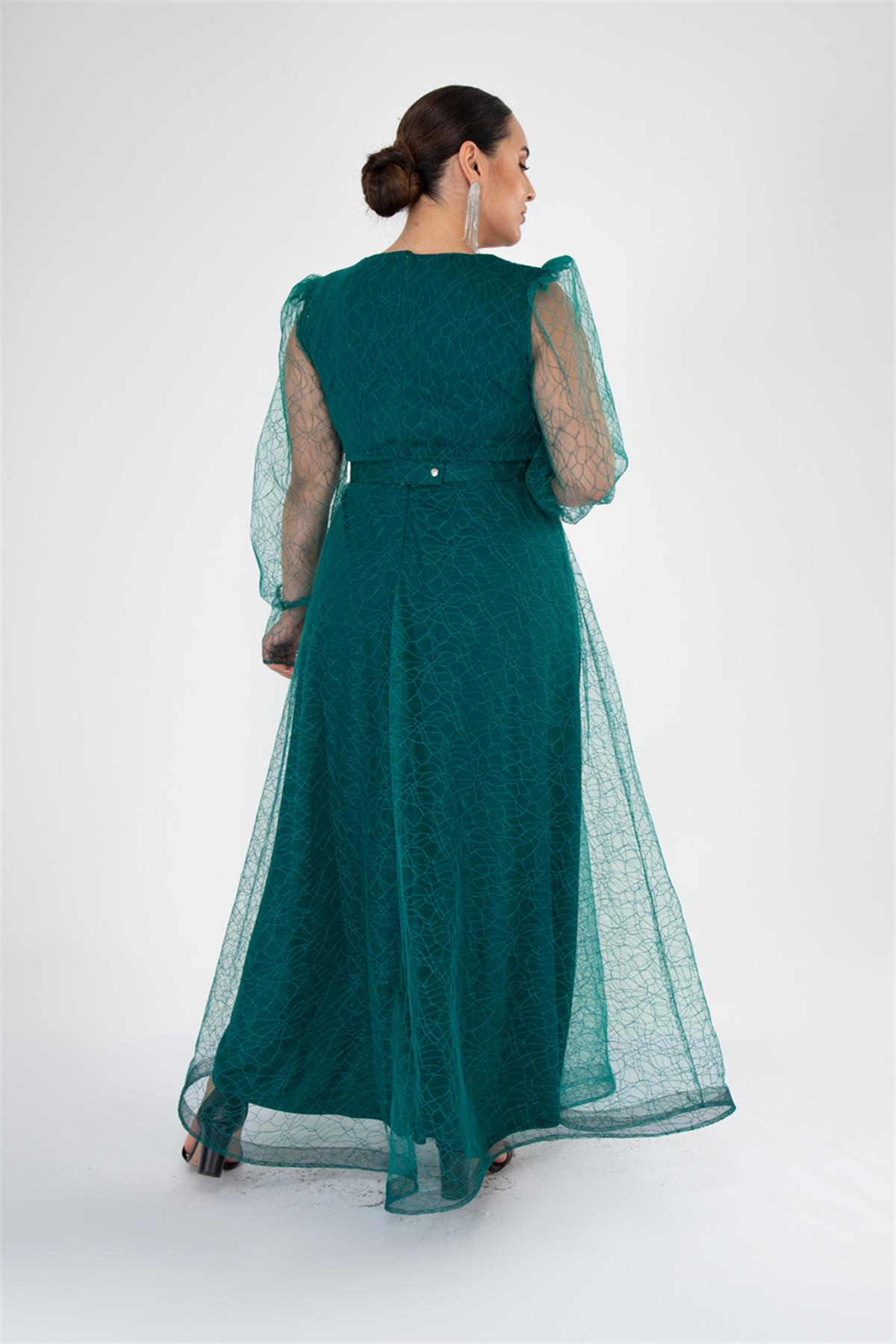 Büyük Beden 2425161 Kolu Tüllü Uzun Abiye  Zümrüt Yeşil