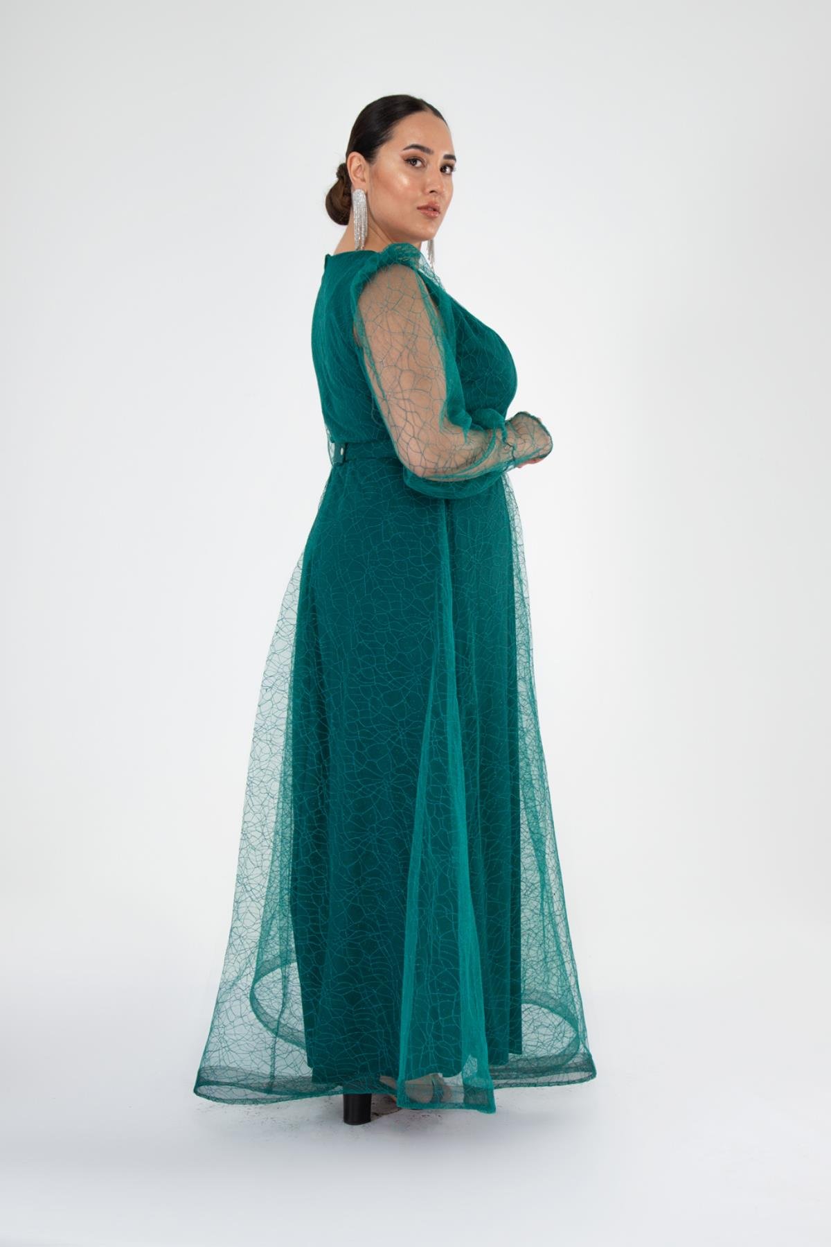 Büyük Beden 2425161 Kolu Tüllü Uzun Abiye  Zümrüt Yeşil