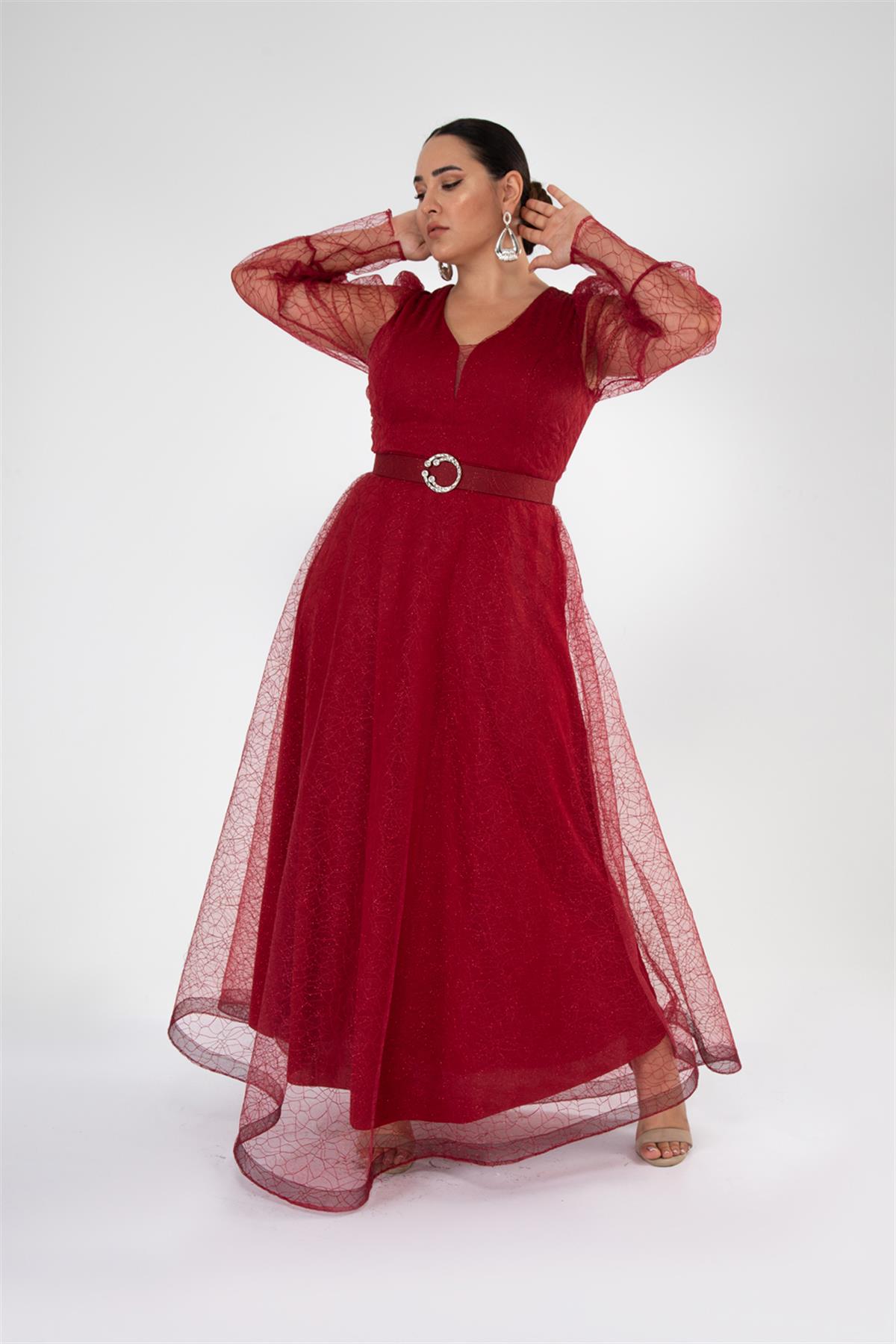 Büyük Beden 2425161 Kolu Tüllü Uzun Abiye  Bordo