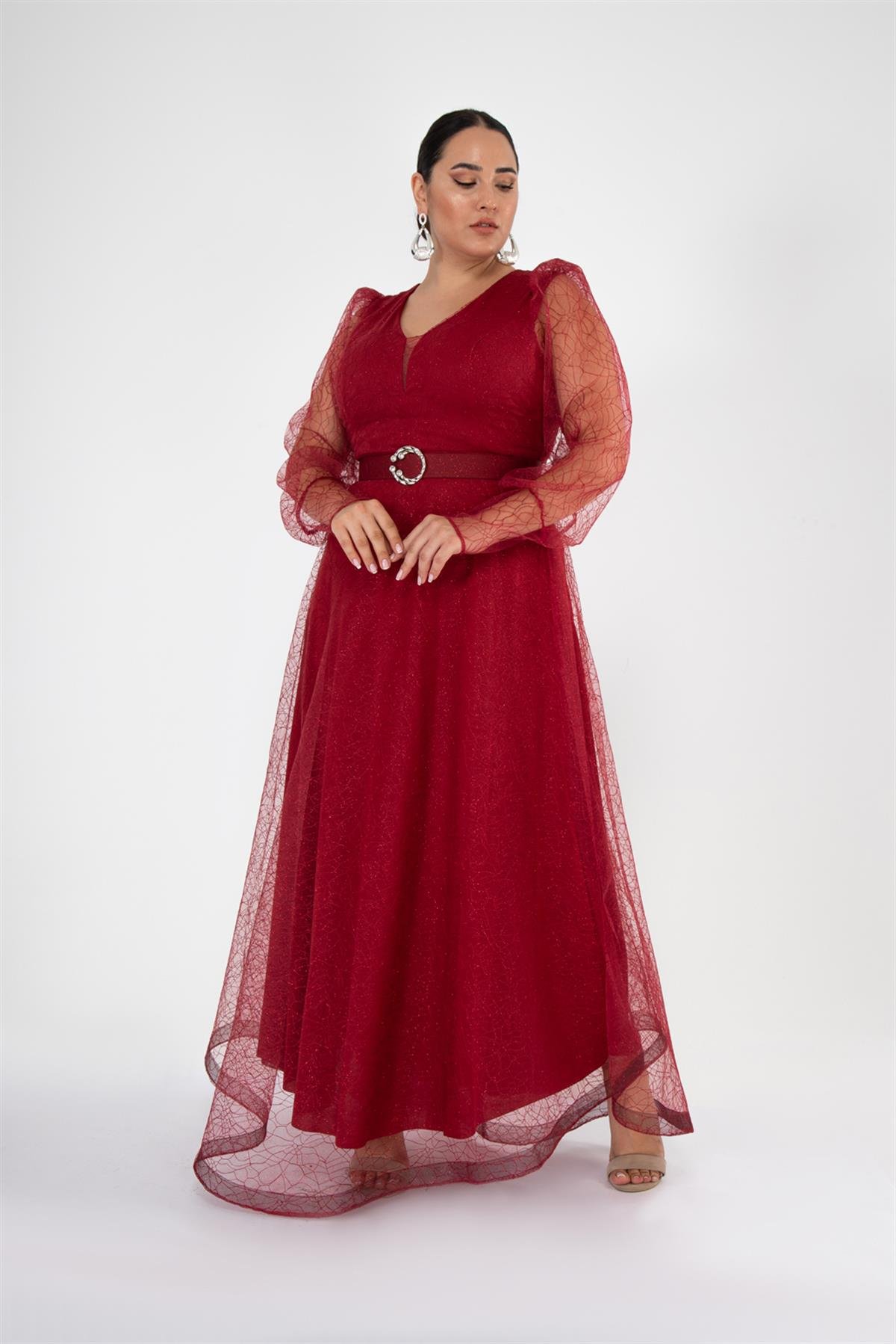 Büyük Beden 2425161 Kolu Tüllü Uzun Abiye  Bordo