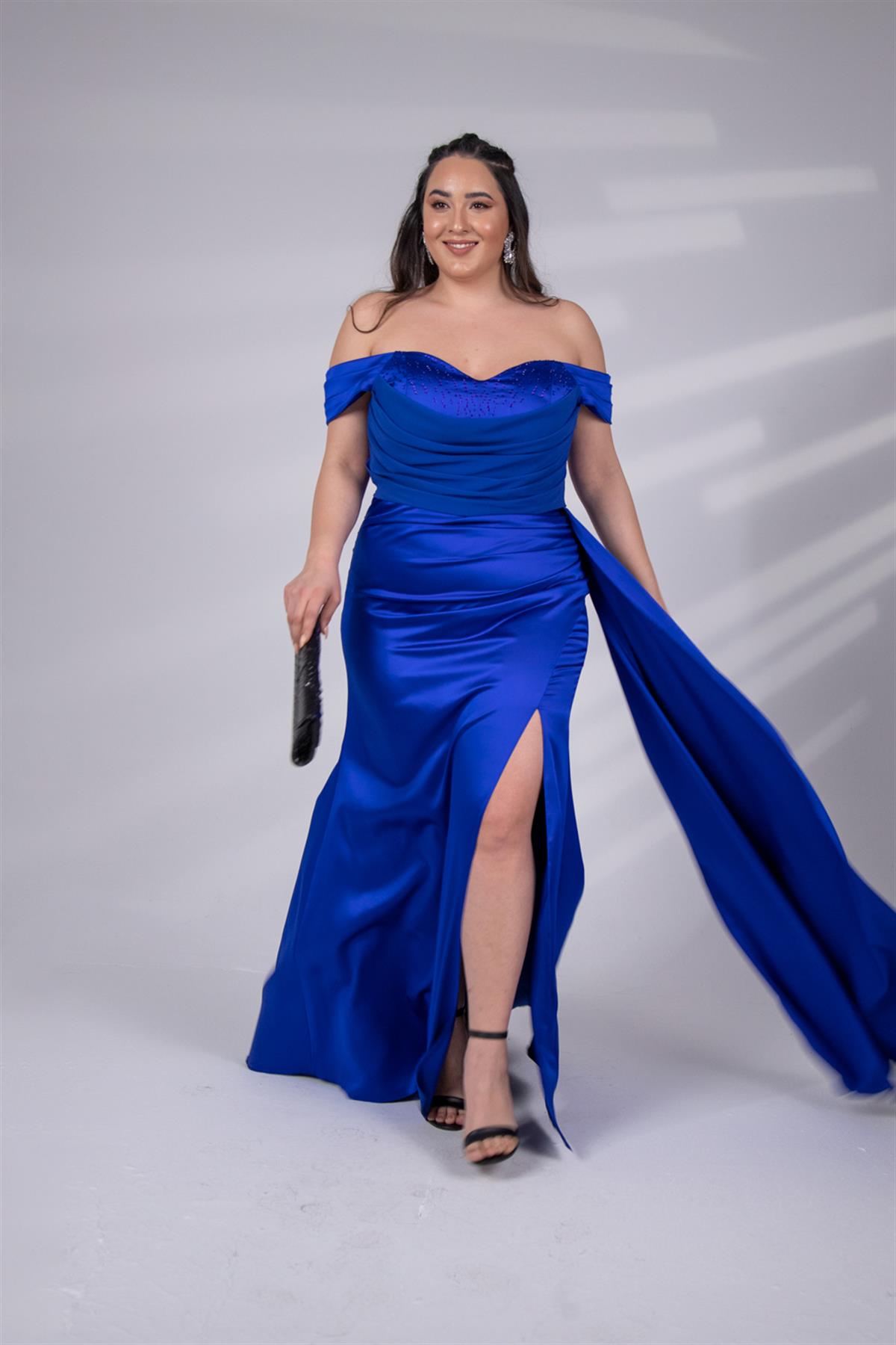 Büyük Beden 242627 Düşük Omuz Degajeli Uzun Abiye  Saks