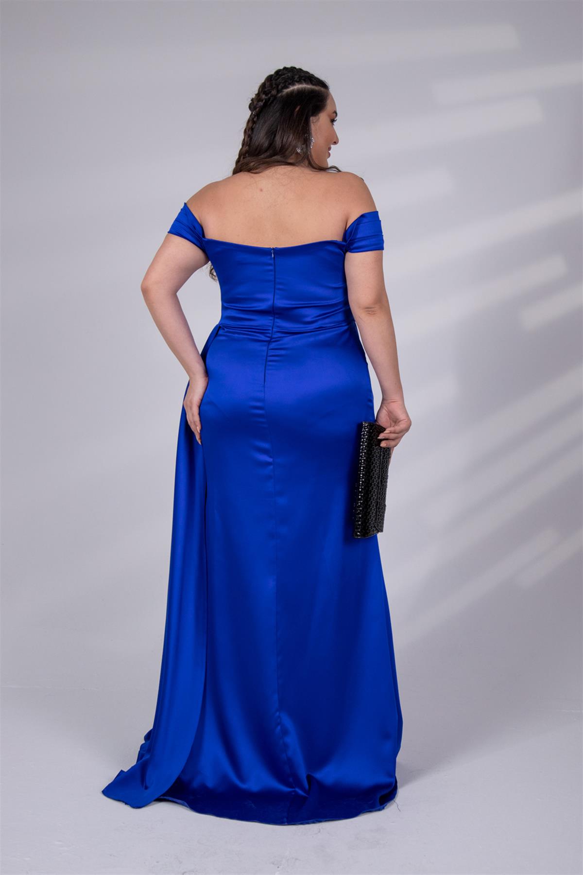 Büyük Beden 242627 Düşük Omuz Degajeli Uzun Abiye  Saks