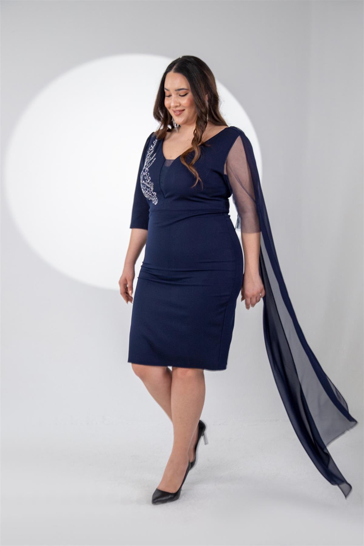 Büyük Beden 242630 Ön-Arka V Yaka Abiye Elbise  Lacivert