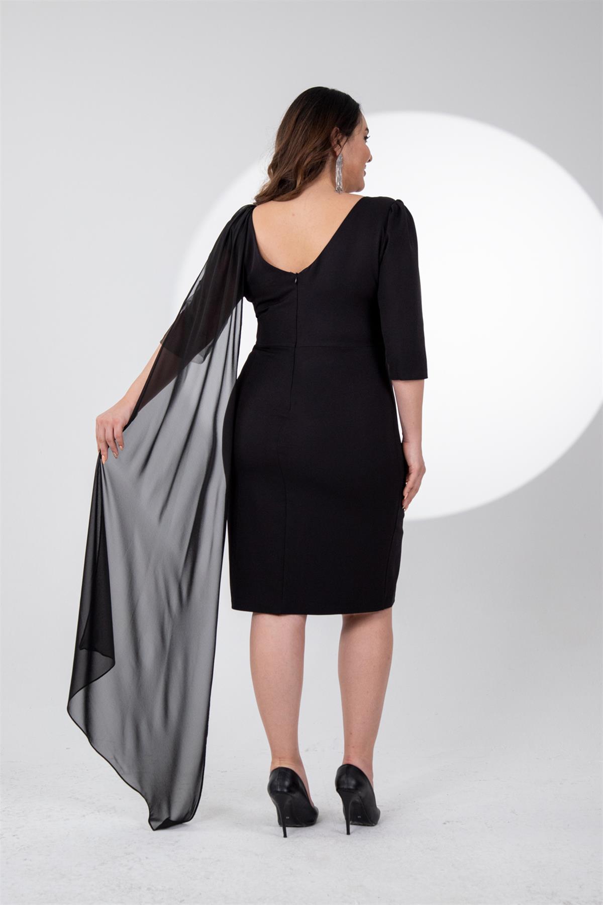 Büyük Beden 242630 Ön-Arka V Yaka Abiye Elbise  Siyah