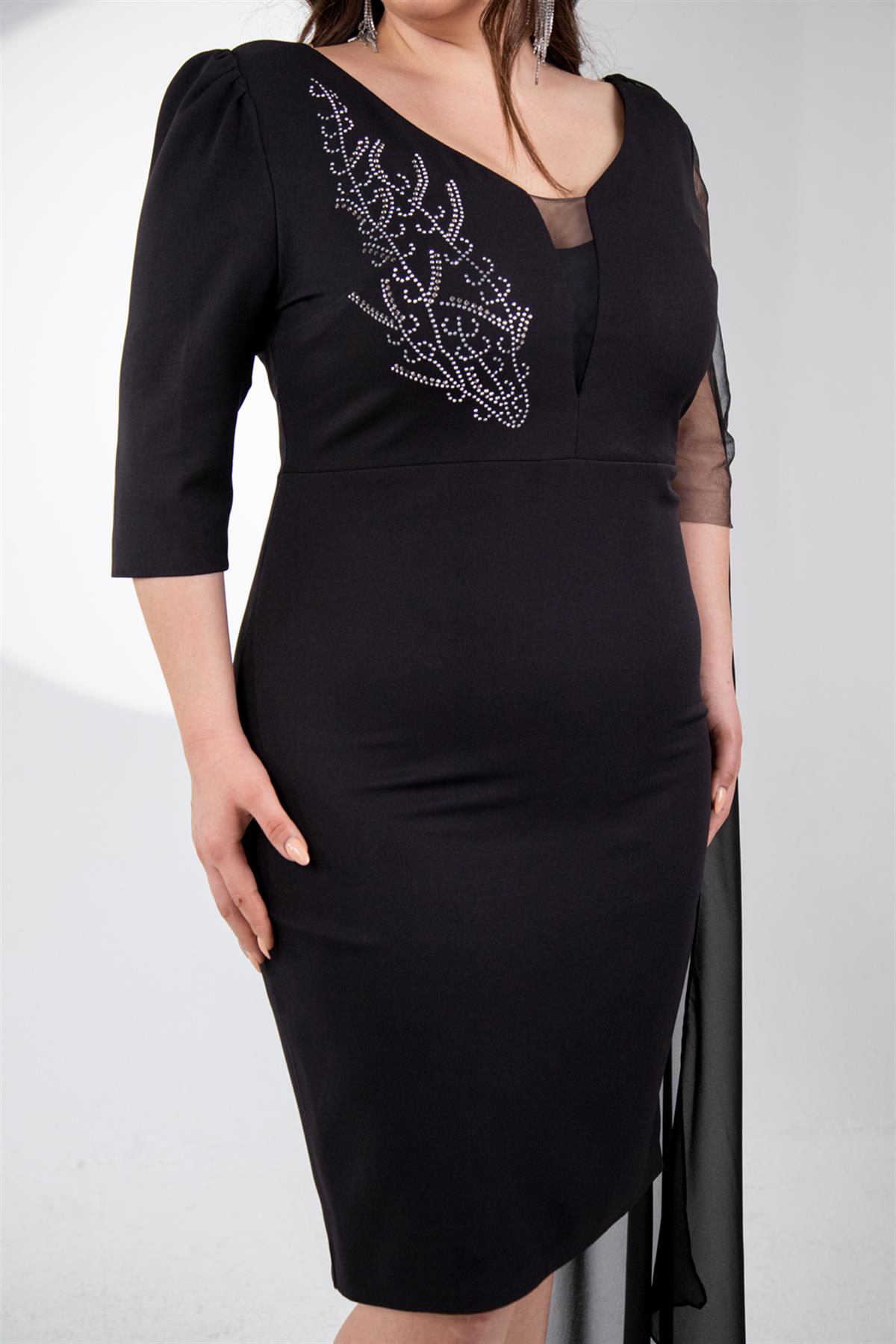 Büyük Beden 242630 Ön-Arka V Yaka Abiye Elbise  Siyah