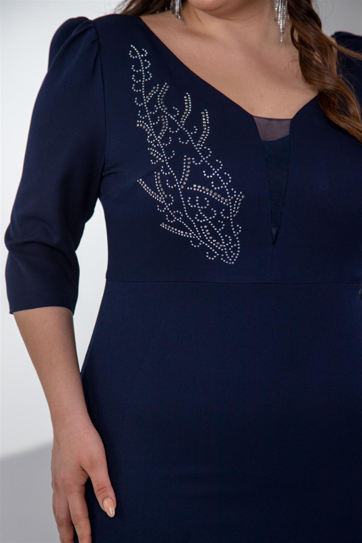 Büyük Beden 242630 Ön-Arka V Yaka Abiye Elbise  Lacivert