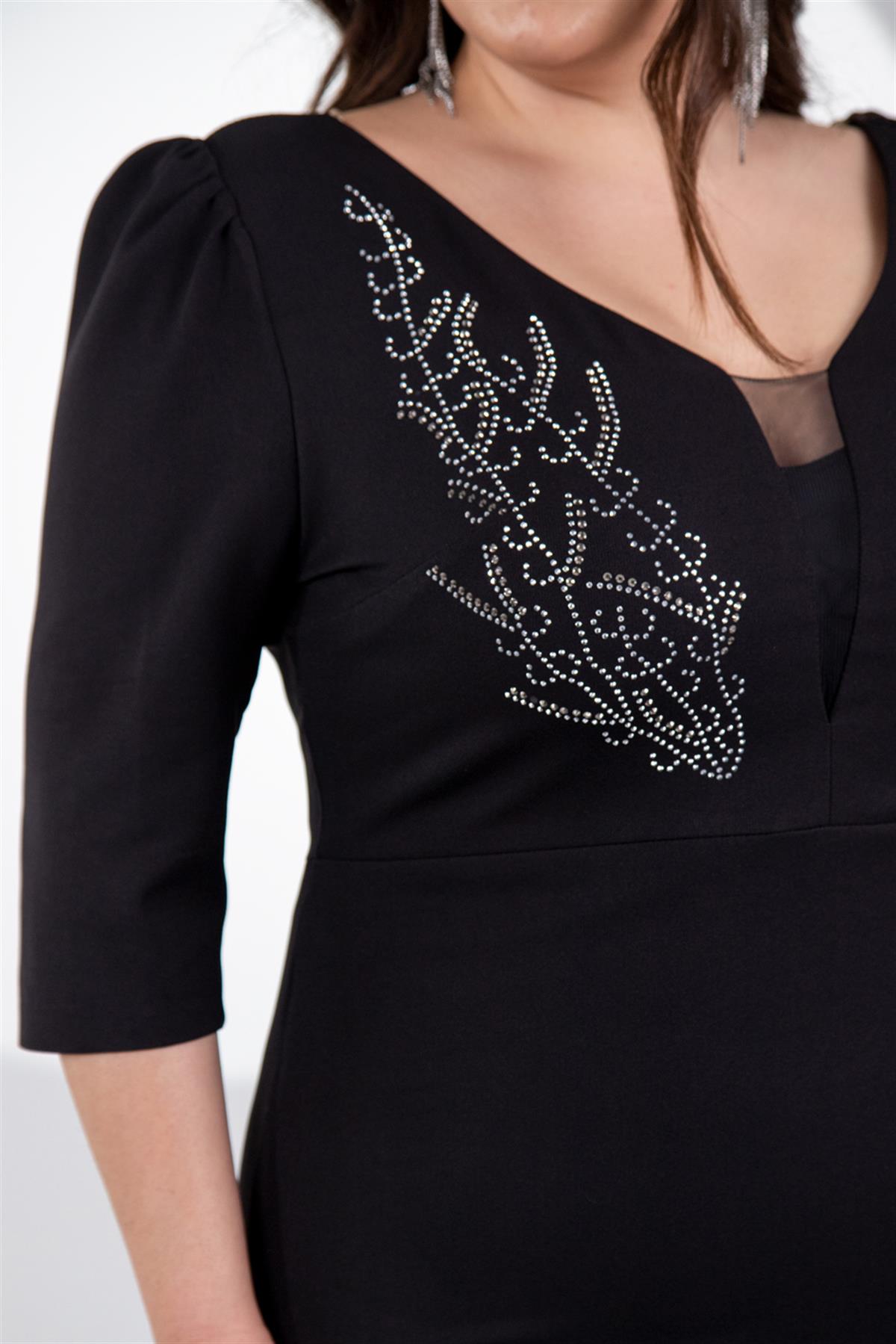 Büyük Beden 242630 Ön-Arka V Yaka Abiye Elbise  Siyah