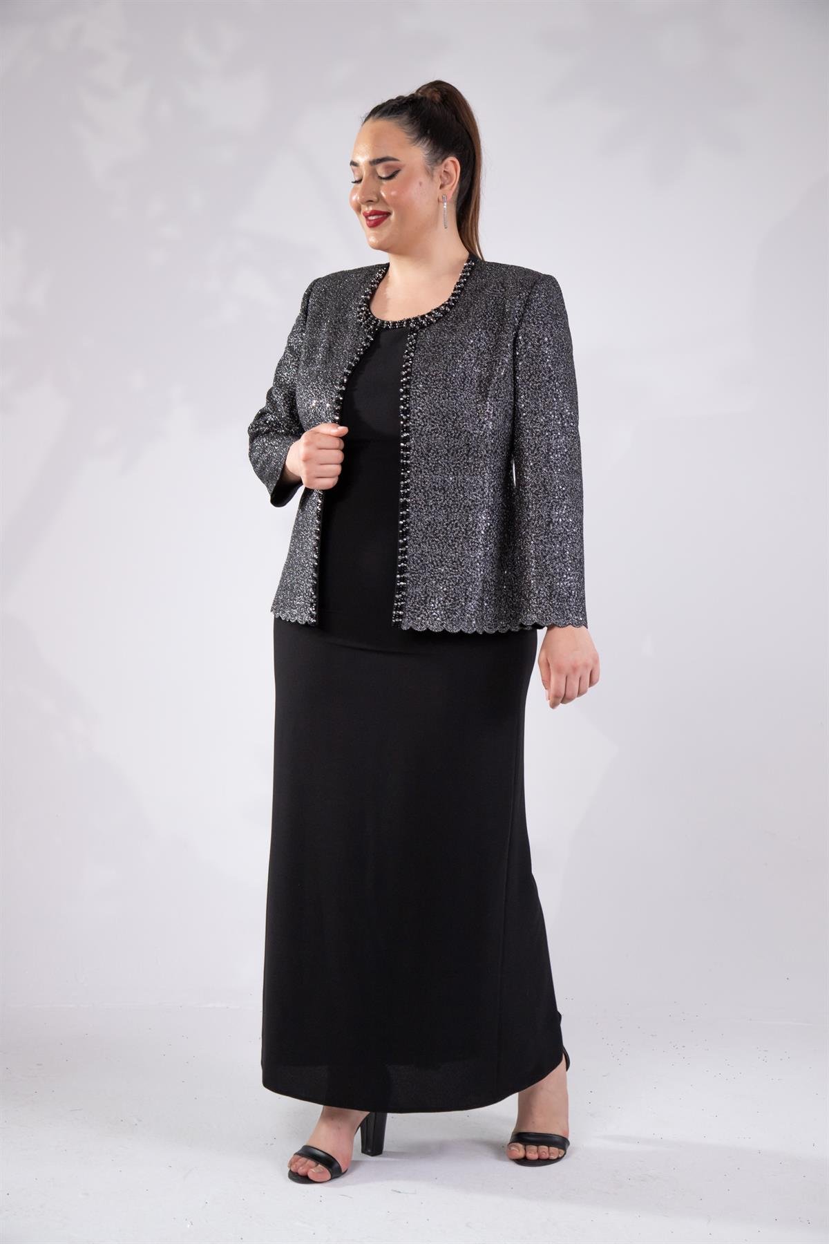 Büyük Beden 242703 İkili Abiye Elbise Takım  Siyah