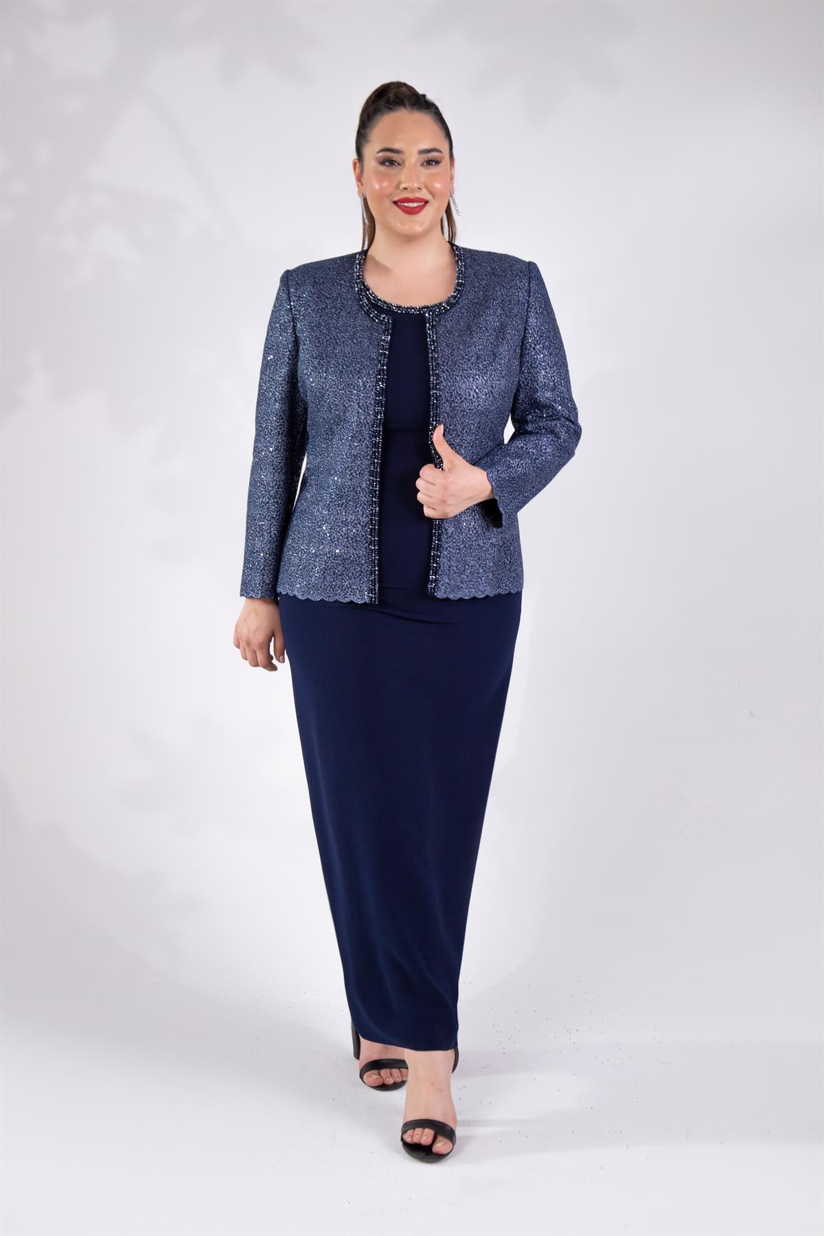 Büyük Beden 242703 İkili Abiye Elbise Takım  Lacivert
