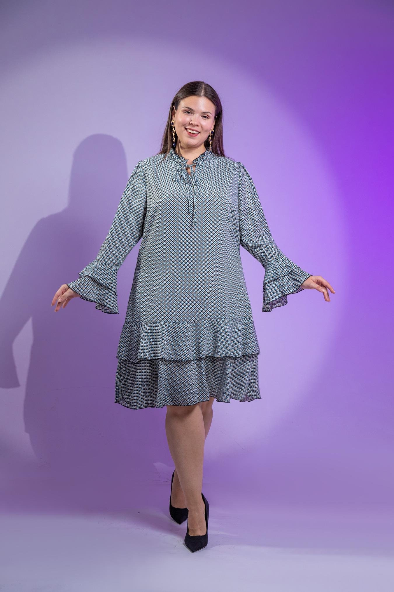 Büyük Beden 3330103 Volanlı Elbise  Sarı